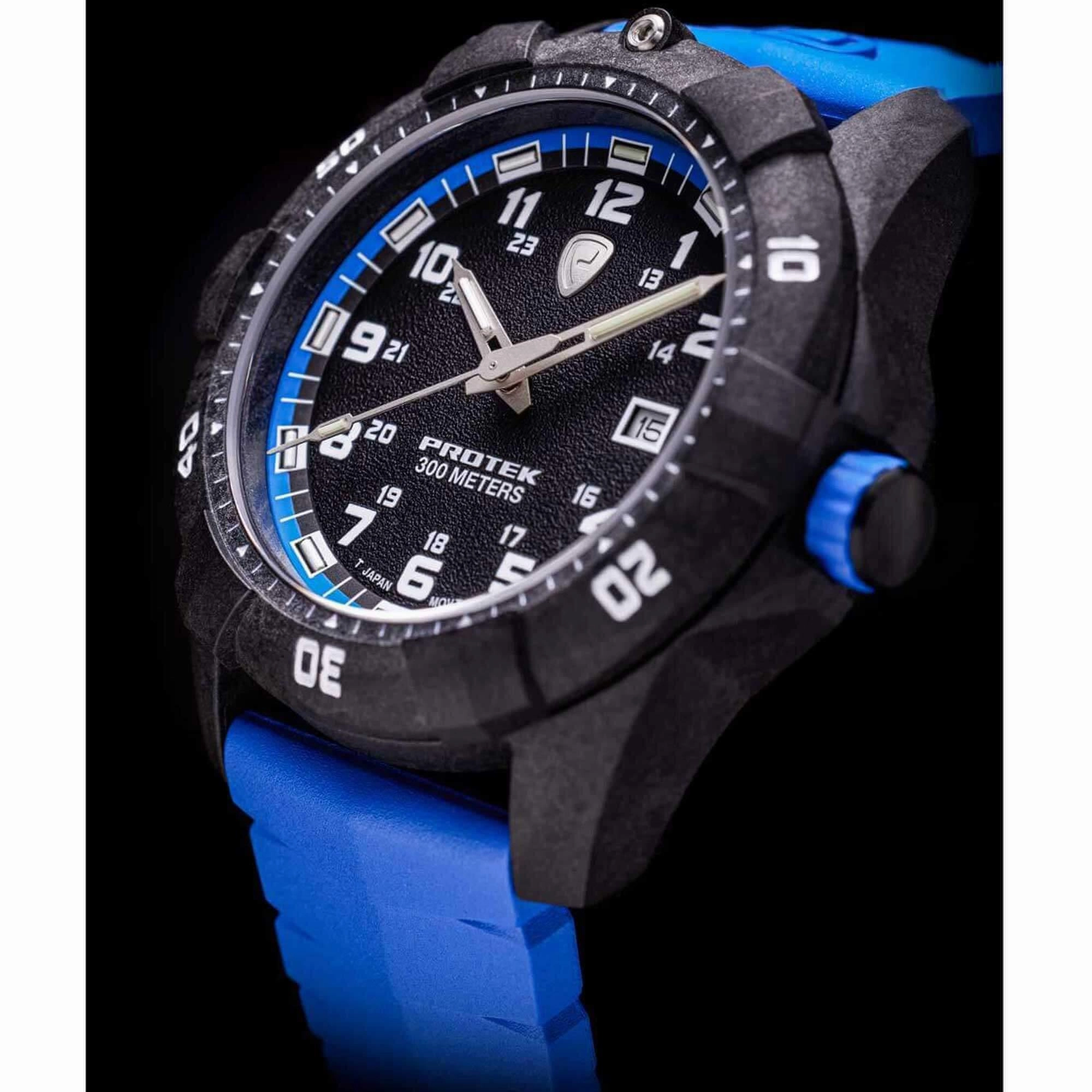 Protek Unisex Quartz Watch - Dive Series Black Dial Blue Rubber Strap | 1003B
