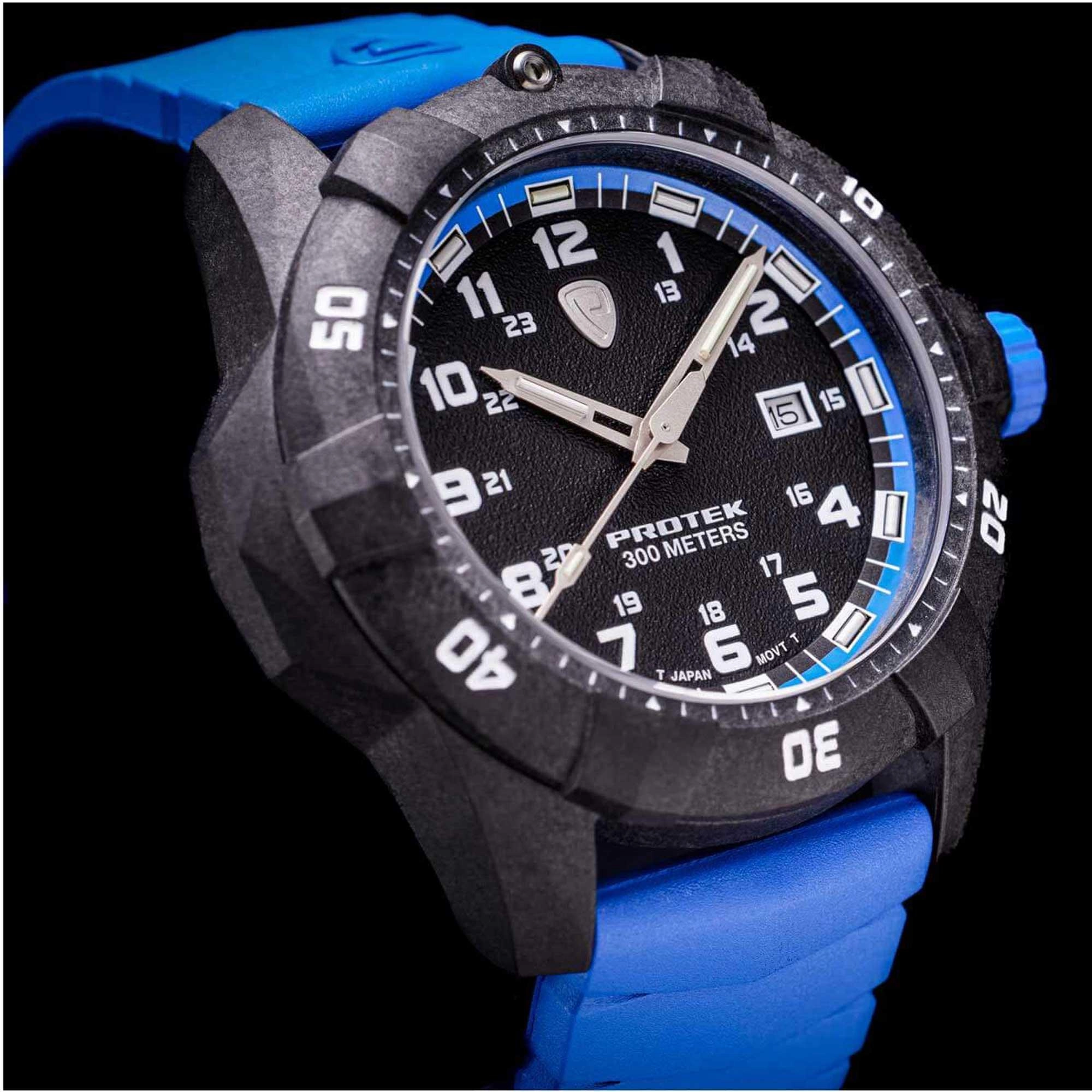 Protek Unisex Quartz Watch - Dive Series Black Dial Blue Rubber Strap | 1003B