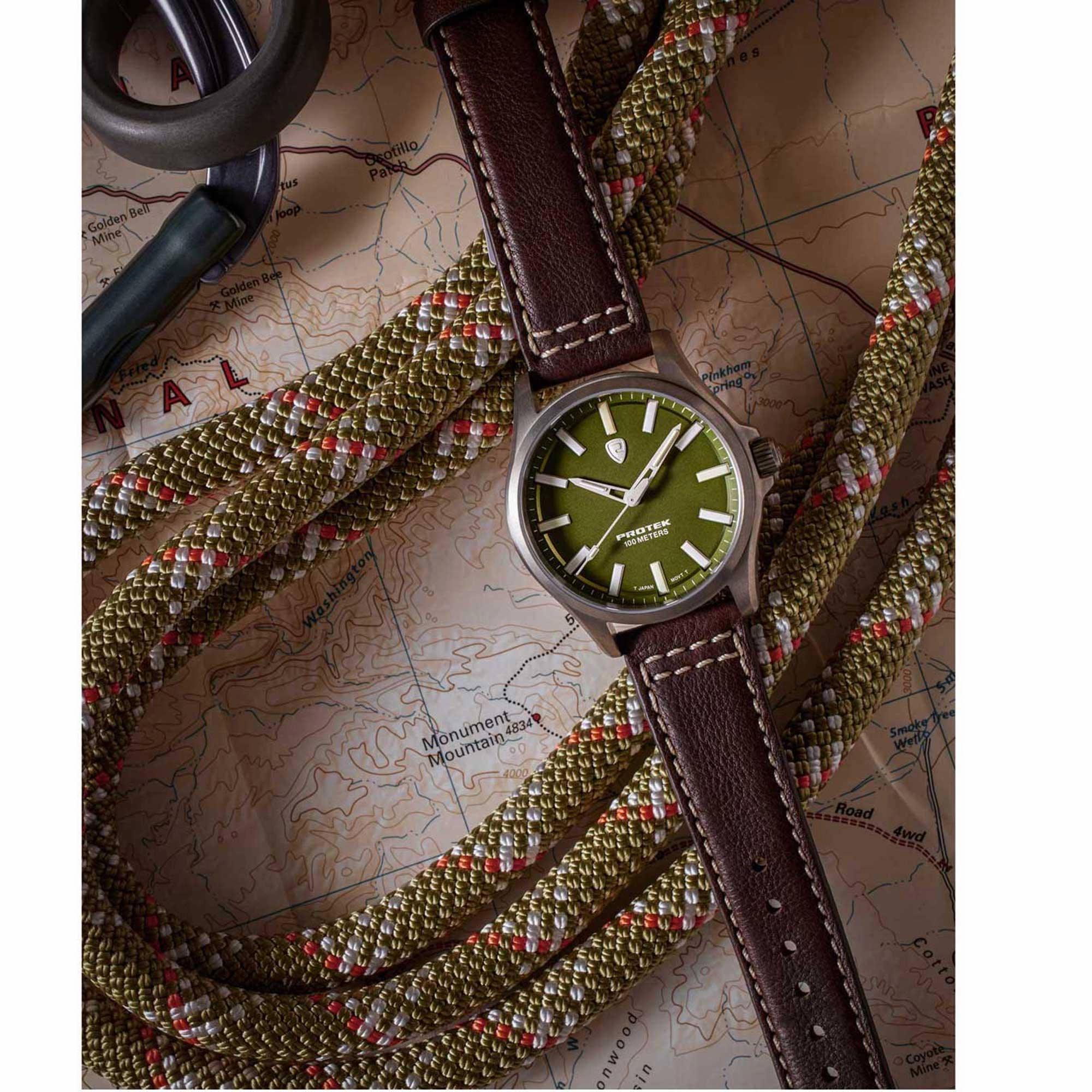 Protek Unisex Watch - Field Series Japanese Quartz Green Dial Leather Strap | 3005