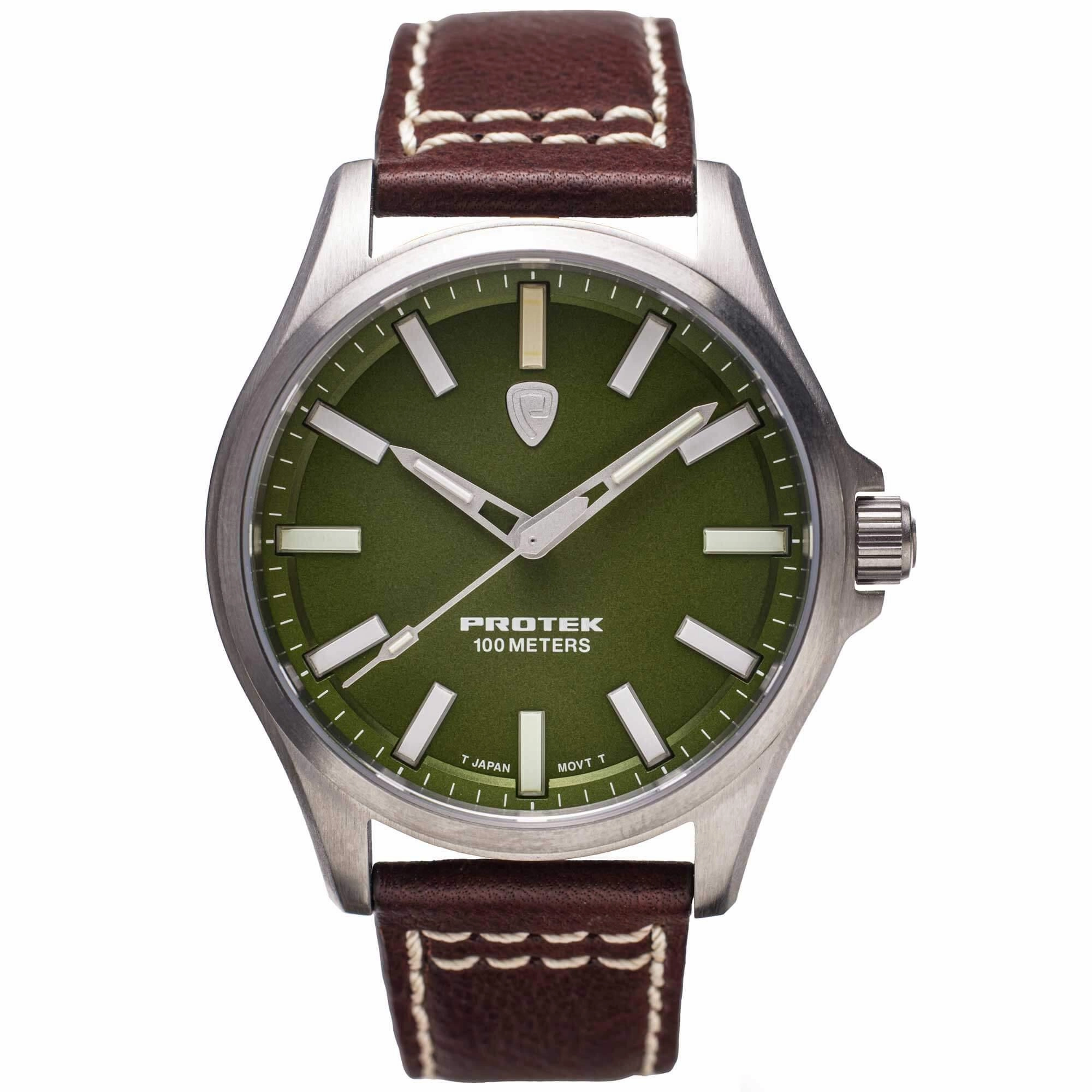 Protek Unisex Watch - Field Series Japanese Quartz Green Dial Leather Strap | 3005