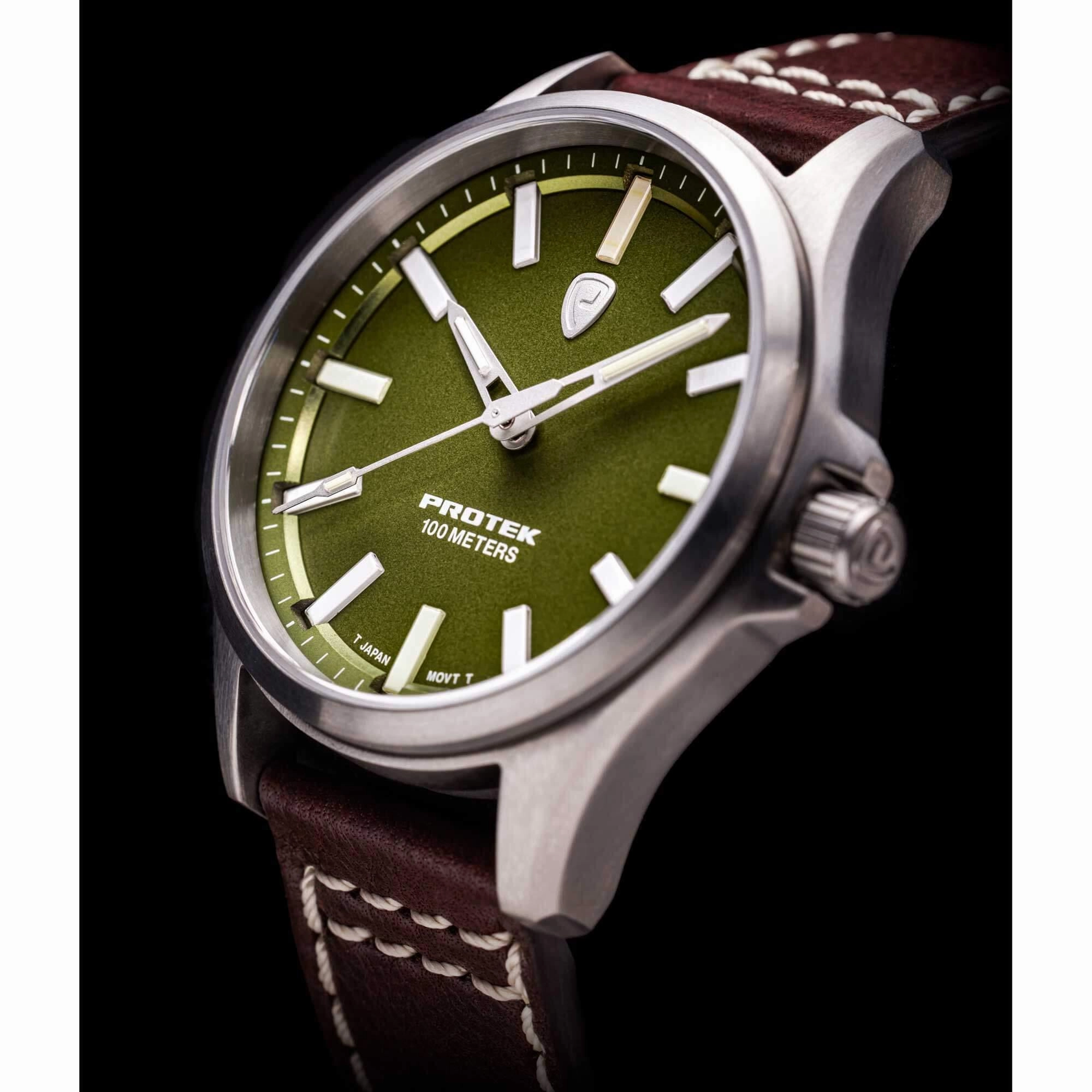 Protek Unisex Watch - Field Series Japanese Quartz Green Dial Leather Strap | 3005