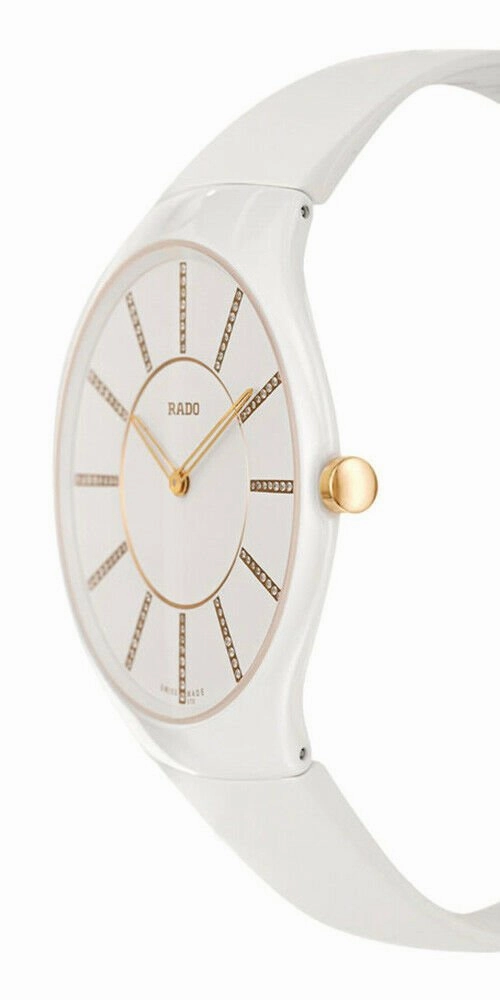 Rado True Thinline White Ceramic Womens Watch Pin Buckle Clasp Diamonds Quartz R27957709