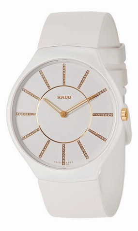 Rado True Thinline White Ceramic Womens Watch Pin Buckle Clasp Diamonds Quartz R27957709