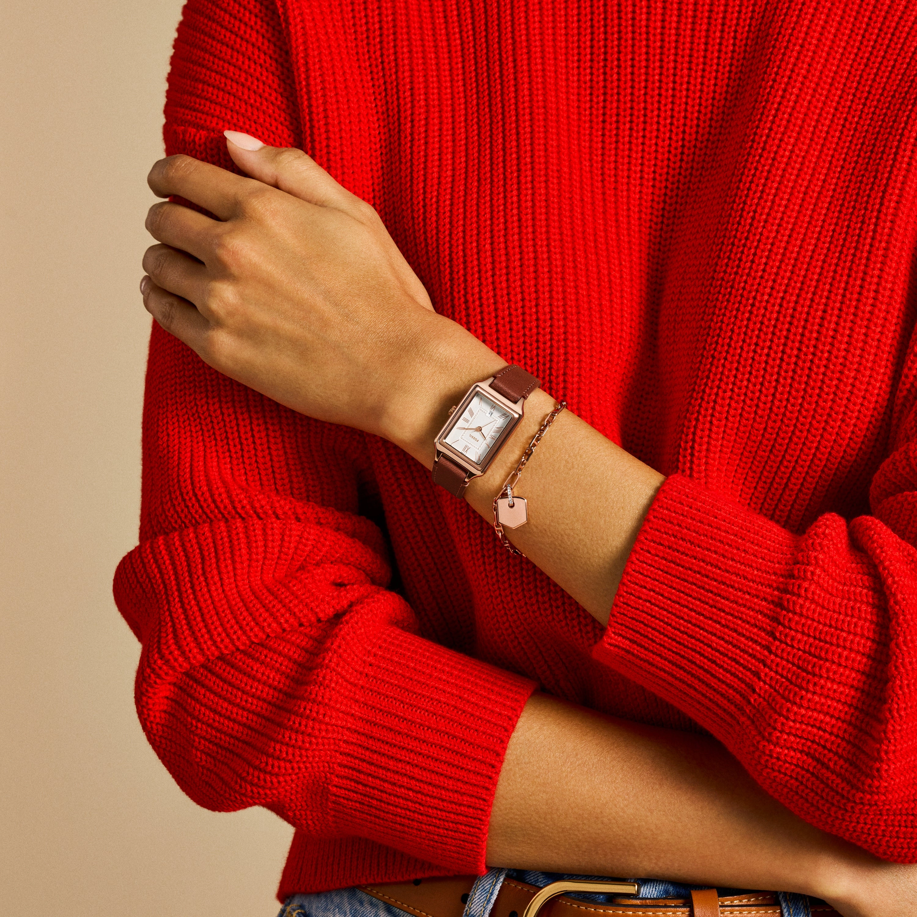 Raquel Three-Hand Date Medium Brown Leather Watch and Bracelet Set