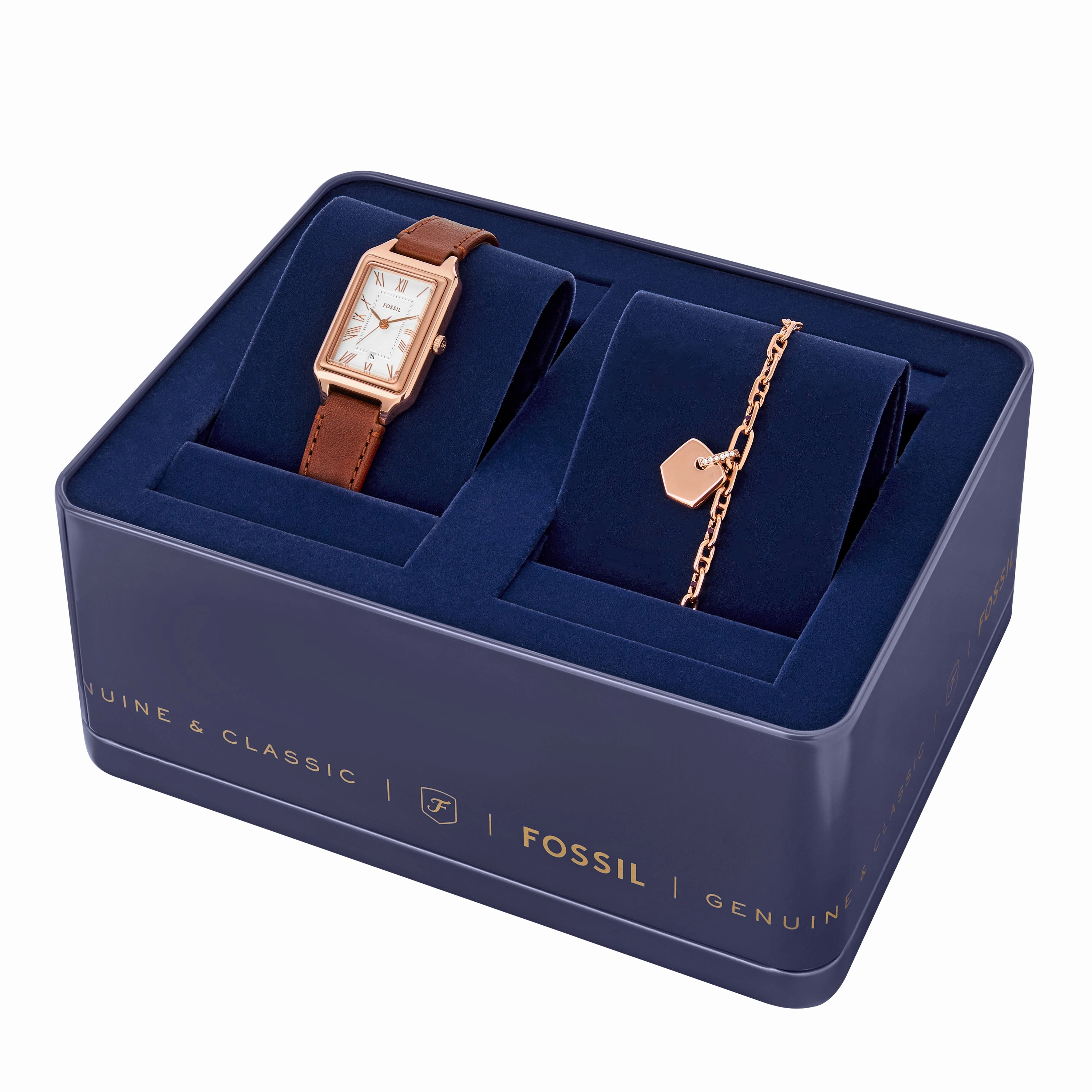 Raquel Three-Hand Date Medium Brown Leather Watch and Bracelet Set