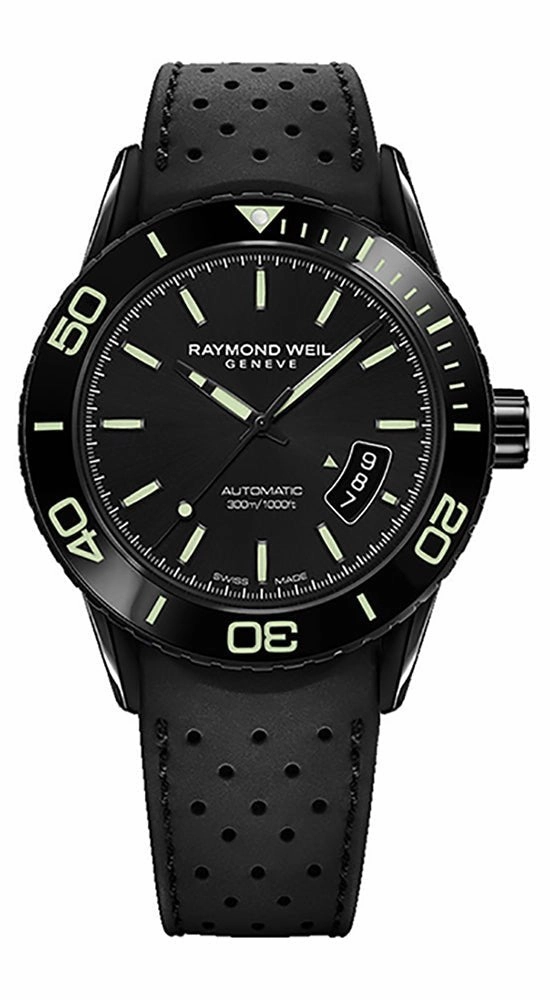 Raymond Weil Freelancer Automatic Black Steel Mens Rubber Divers Watch Date 2760-SB1-20001
