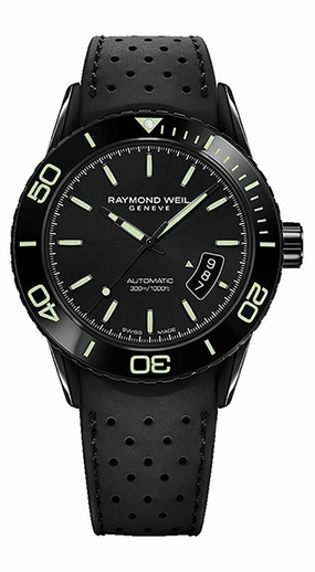 Raymond Weil Freelancer Automatic Black Steel Mens Rubber Divers Watch Date 2760-SB1-20001