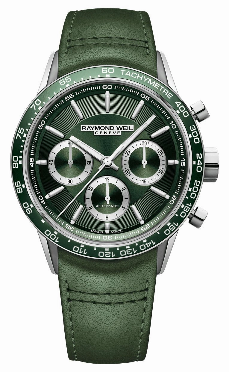 Raymond Weil Freelancer Automatic Chronograph Stainless Steel Green Dial Green Leather Strap Mens Watch 7741-SC7-52021