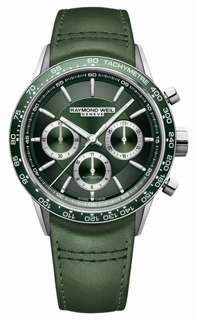 Raymond Weil Freelancer Automatic Chronograph Stainless Steel Green Dial Green Leather Strap Mens Watch 7741-SC7-52021