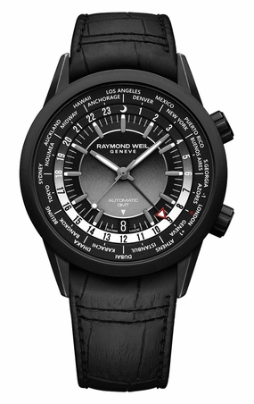 Raymond Weil Freelancer GMT Worldtimer Automatic Black DLC Steel Black Dial Black Leather Strap Date Mens Watch 2765-BKC-20001