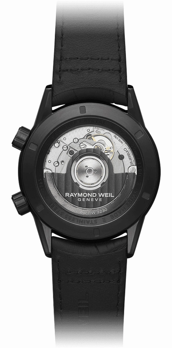 Raymond Weil Freelancer GMT Worldtimer Automatic Black DLC Steel Black Dial Black Leather Strap Date Mens Watch 2765-BKC-20001