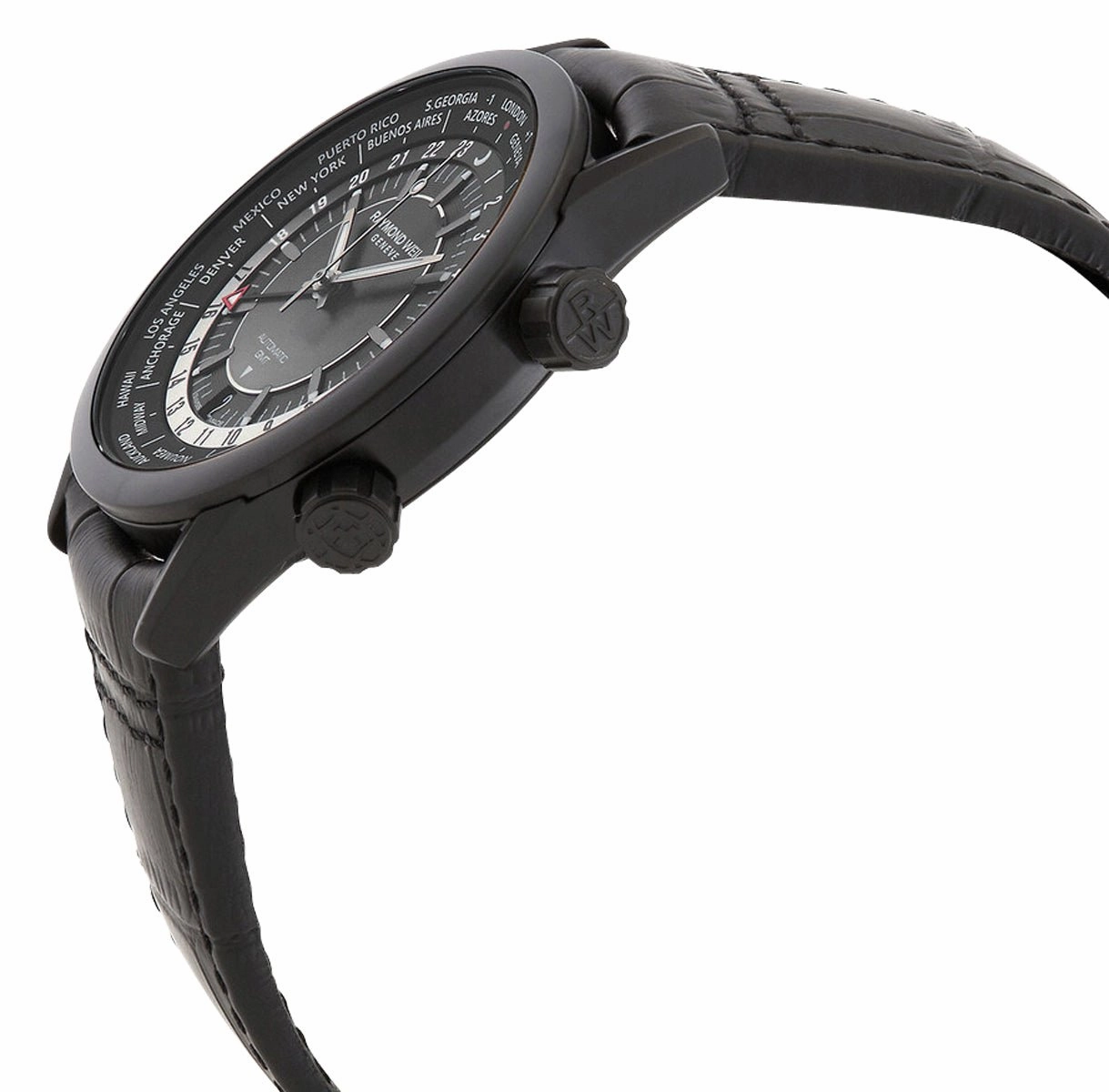Raymond Weil Freelancer GMT Worldtimer Automatic Black DLC Steel Black Dial Black Leather Strap Date Mens Watch 2765-BKC-20001