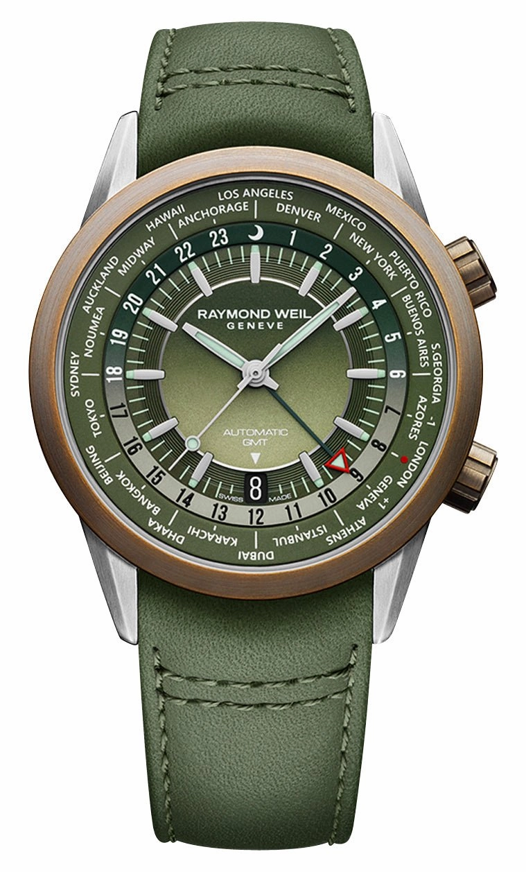 Raymond Weil Freelancer GMT Worldtimer Automatic Stainless Steel & Bronze Green Dial Green Leather Strap Date Mens Watch 2765-SBC-52001