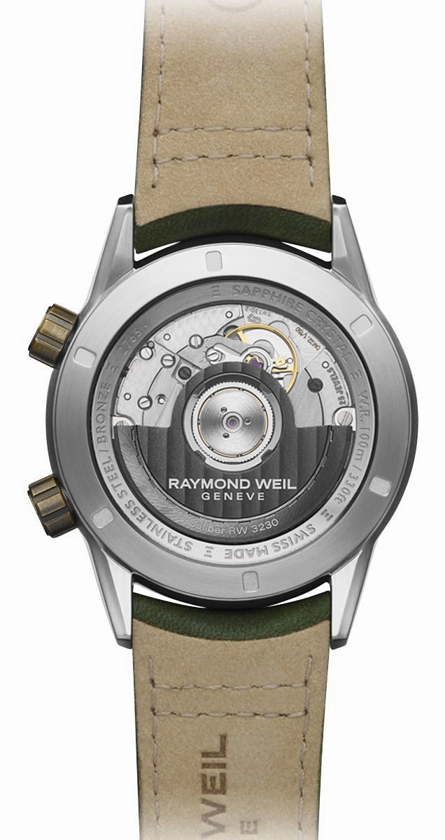 Raymond Weil Freelancer GMT Worldtimer Automatic Stainless Steel & Bronze Green Dial Green Leather Strap Date Mens Watch 2765-SBC-52001