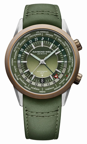 Raymond Weil Freelancer GMT Worldtimer Automatic Stainless Steel & Bronze Green Dial Green Leather Strap Date Mens Watch 2765-SBC-52001