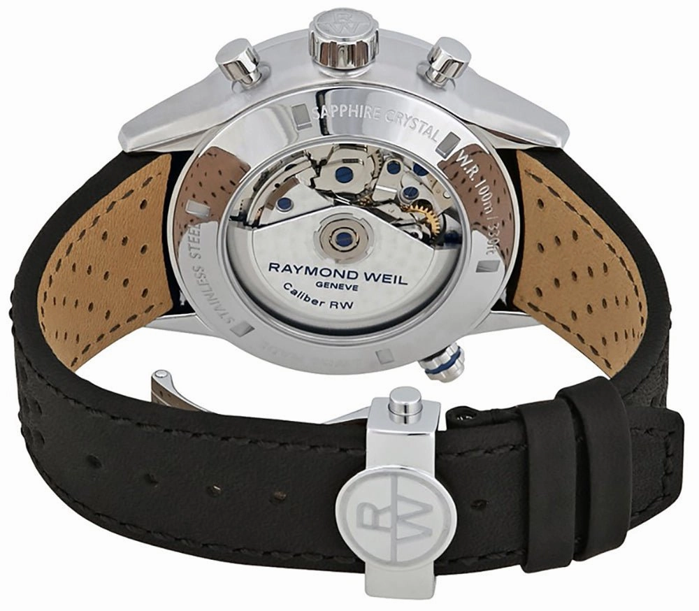 Raymond Weil Freelancer Steel Automatic Chronograph Silver Dial Date Black Leather Strap Mens Watch 7740-SC3-65521