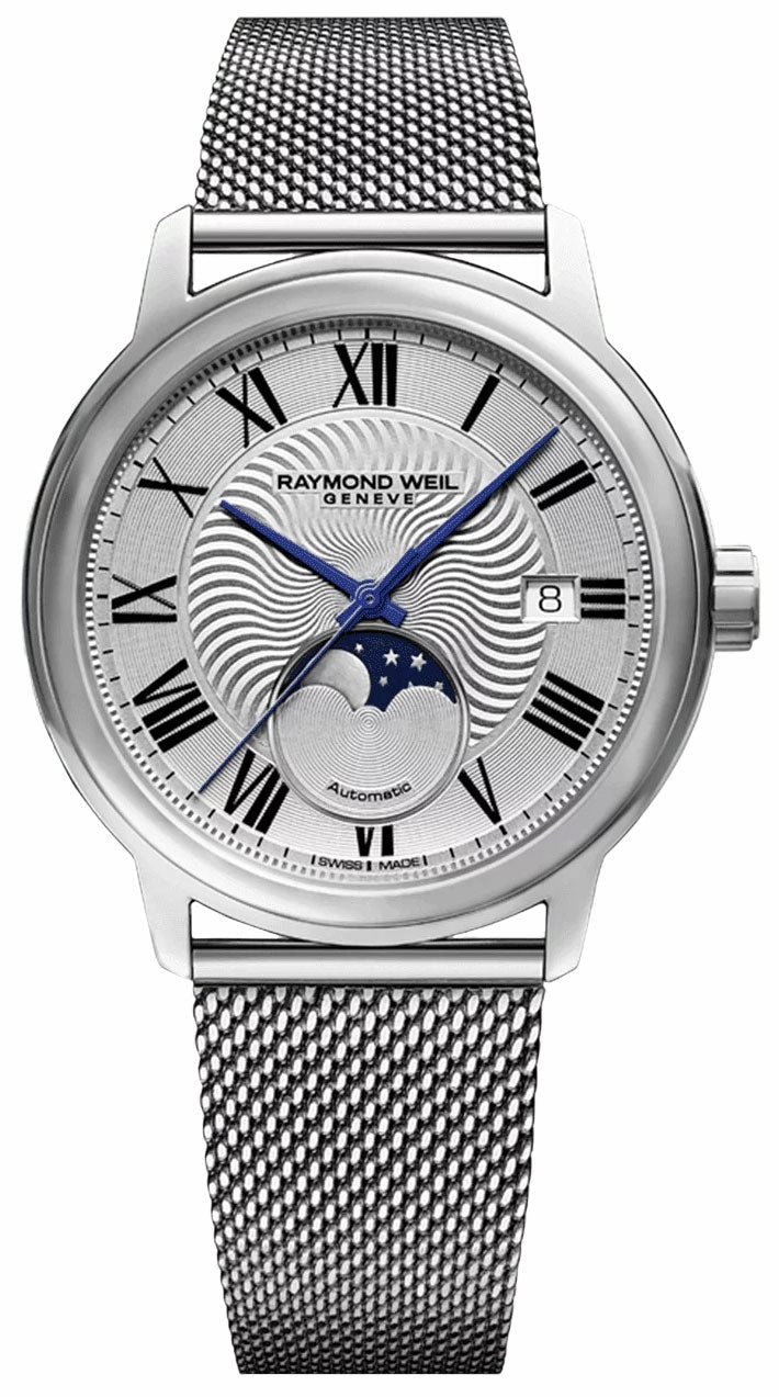 Raymond Weil Maestro Automatic Stainless Steel Mesh Silver Dial Moonphase Date Mens Watch 2239M-ST-00659