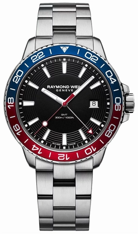 Raymond Weil Tango GMT Stainless Steel Black Dial Pepsi Bezel Date Divers Quartz Mens Watch 8280-ST3-20001