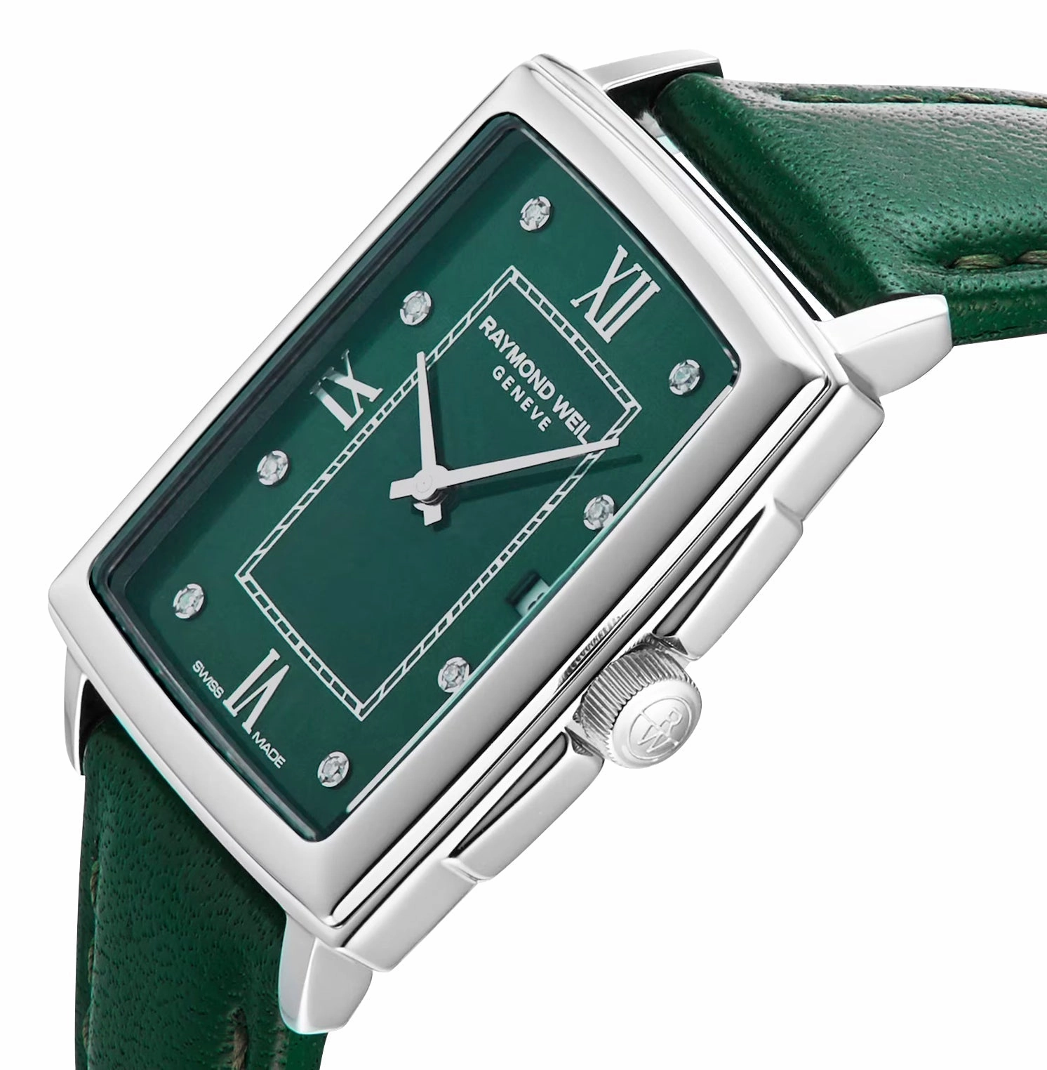 Raymond Weil Toccata Stainless Steel Green Dial Green Leather Strap Diamonds Date Quartz Womens Watch 5925-STC-00521