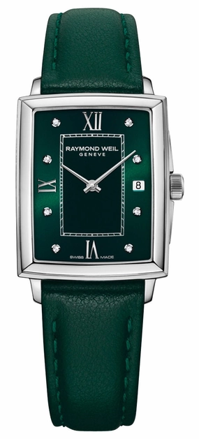 Raymond Weil Toccata Stainless Steel Green Dial Green Leather Strap Diamonds Date Quartz Womens Watch 5925-STC-00521
