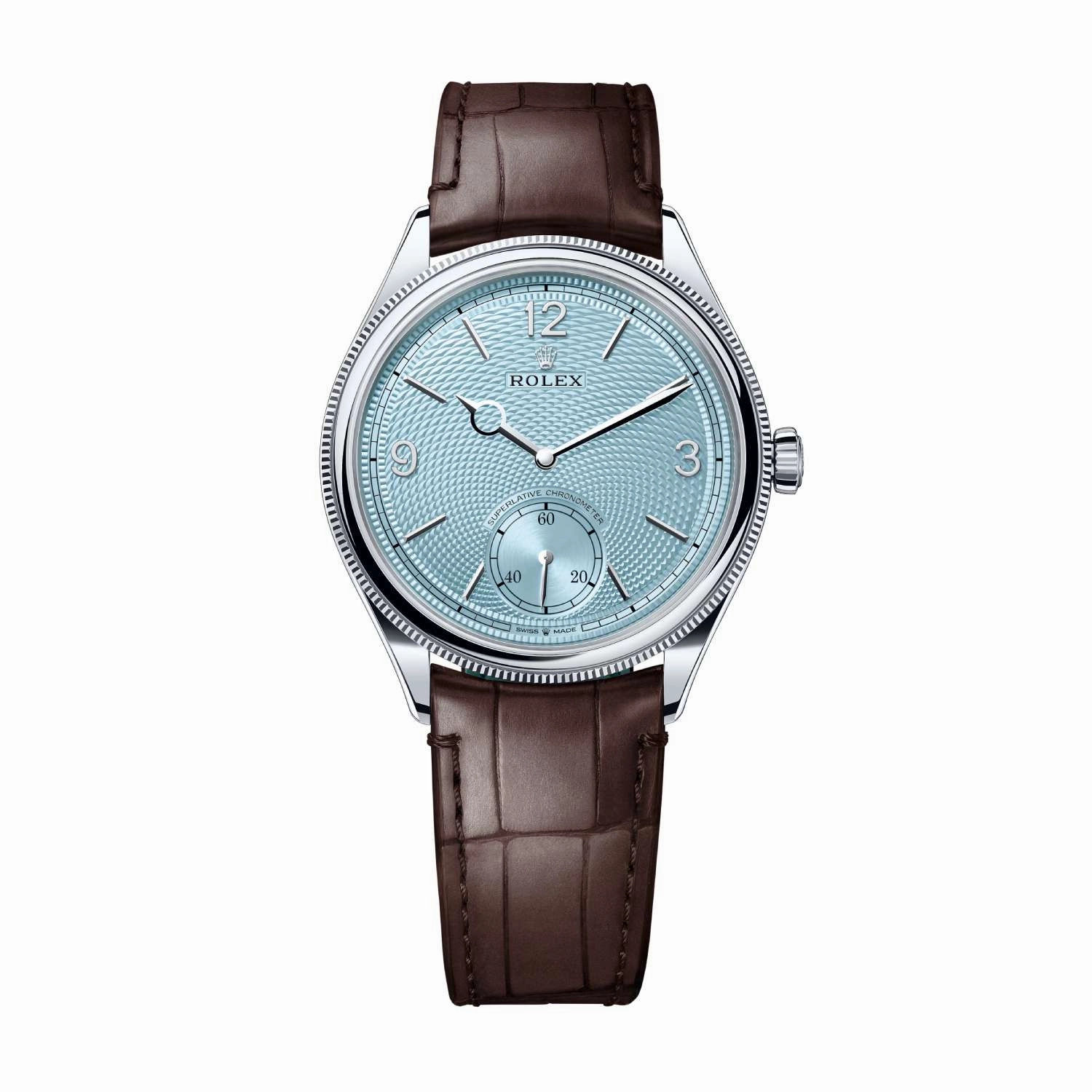 Rolex 1908 39mm - Ref: 52506-0002 - Ice Blue Guilloche Rice-Grain Motif Dial & Platinum Case, Brown Alligator Leather Strap Watch