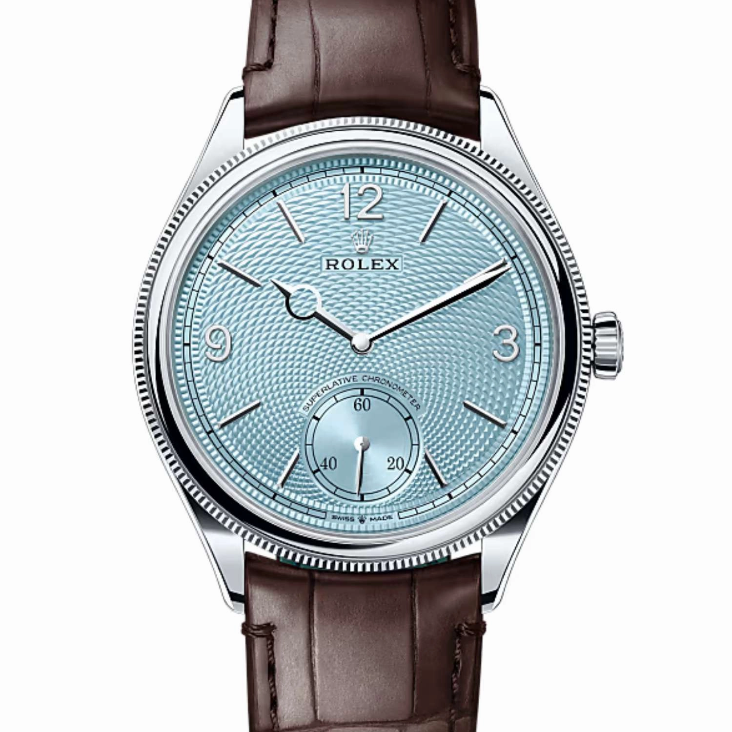 Rolex 1908 39mm - Ref: 52506-0002 - Ice Blue Guilloche Rice-Grain Motif Dial & Platinum Case, Brown Alligator Leather Strap Watch