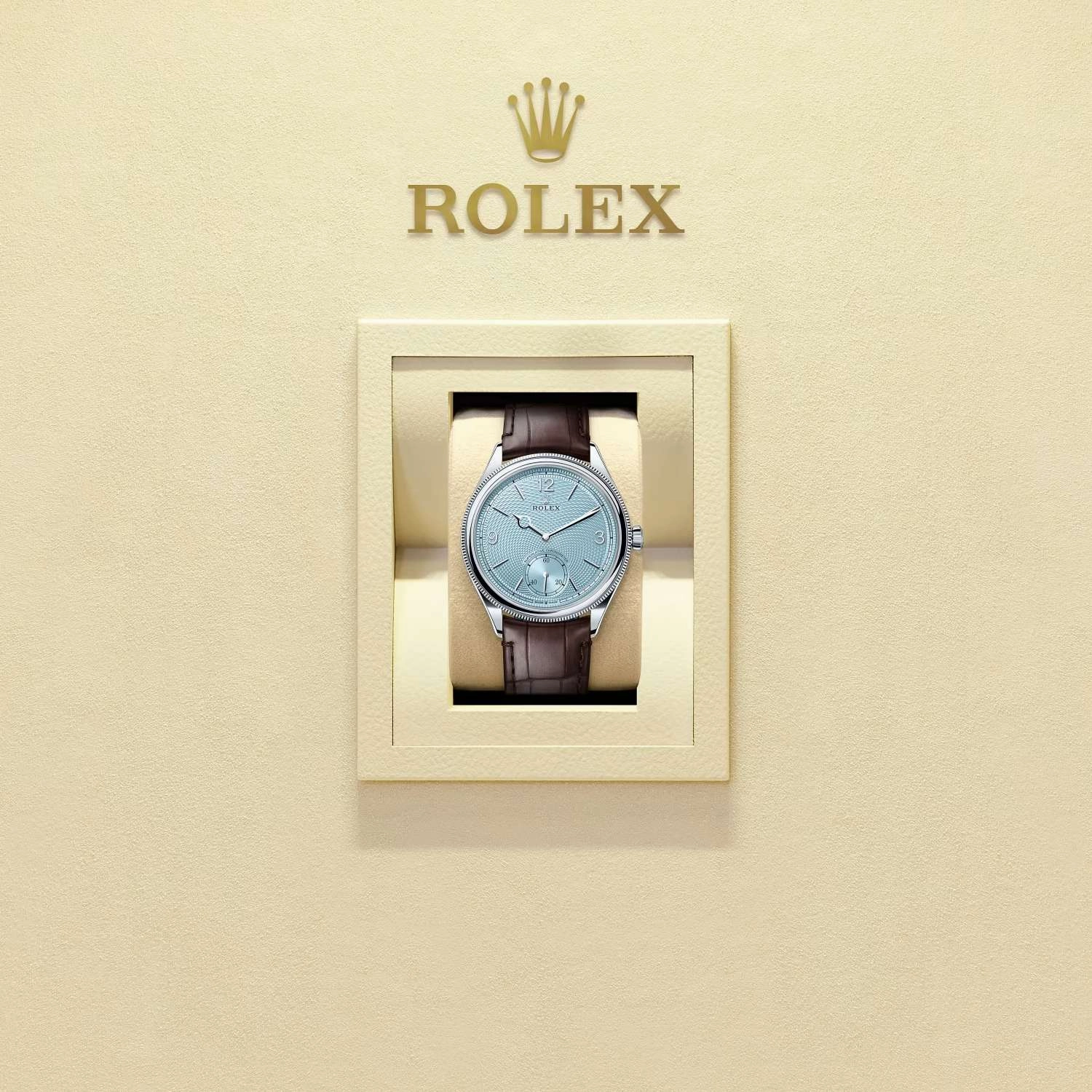 Rolex 1908 39mm - Ref: 52506-0002 - Ice Blue Guilloche Rice-Grain Motif Dial & Platinum Case, Brown Alligator Leather Strap Watch