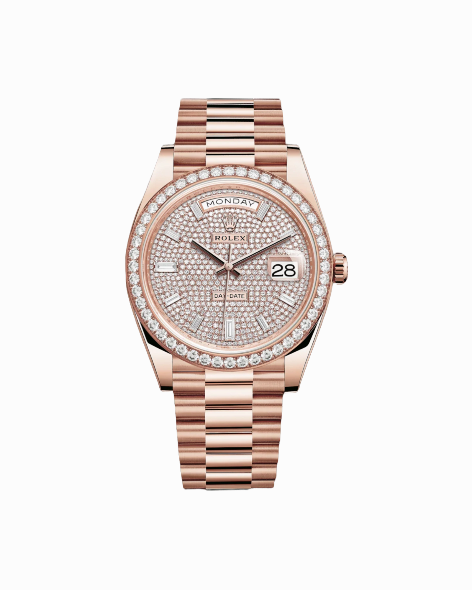 Rolex 228345RBR Day-Date 40 Factory Pave Diamond Dial Factory Diamond Bezel President Bracelet Rose Gold