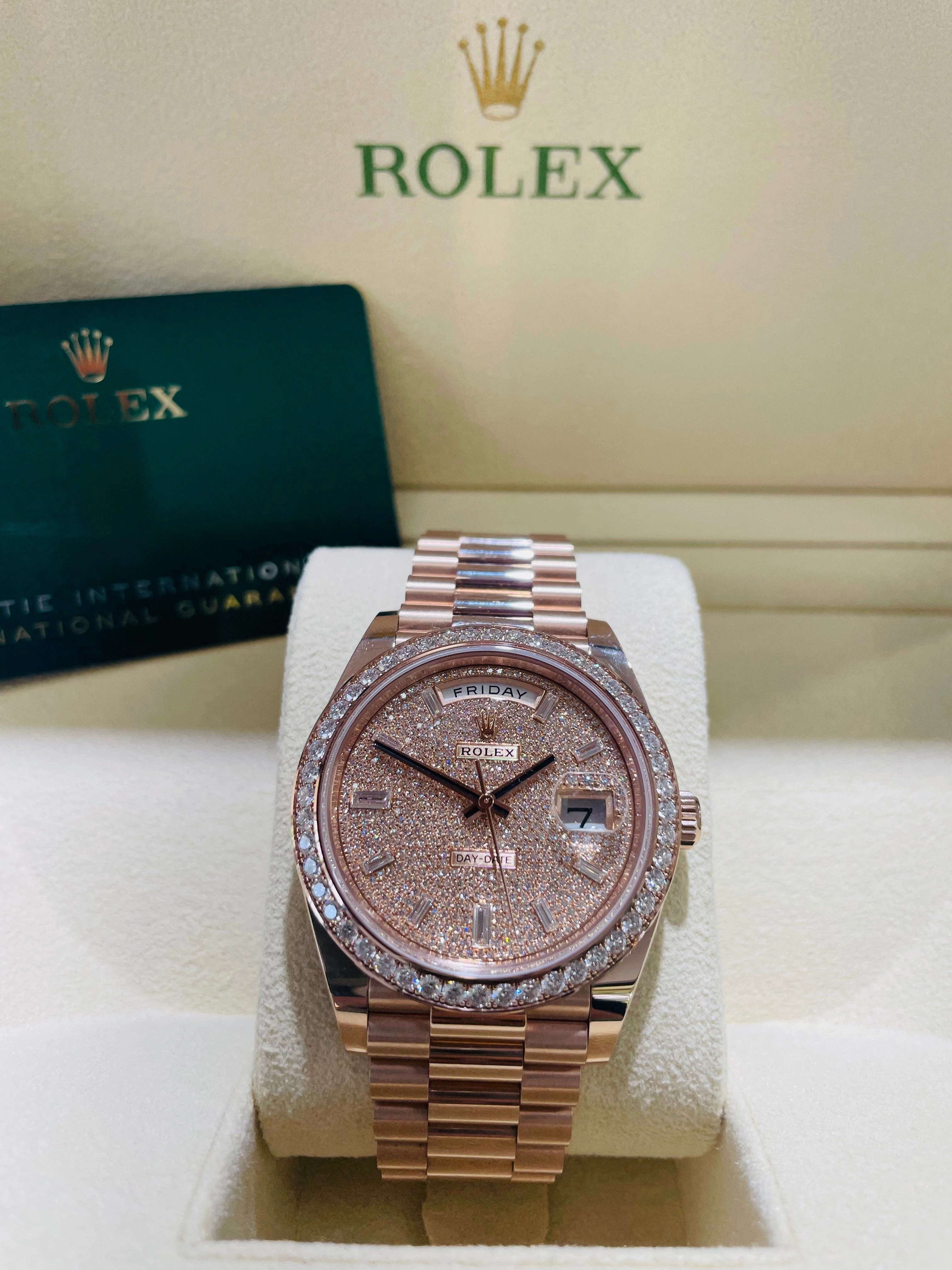Rolex 228345RBR Day-Date 40 Factory Pave Diamond Dial Factory Diamond Bezel President Bracelet Rose Gold