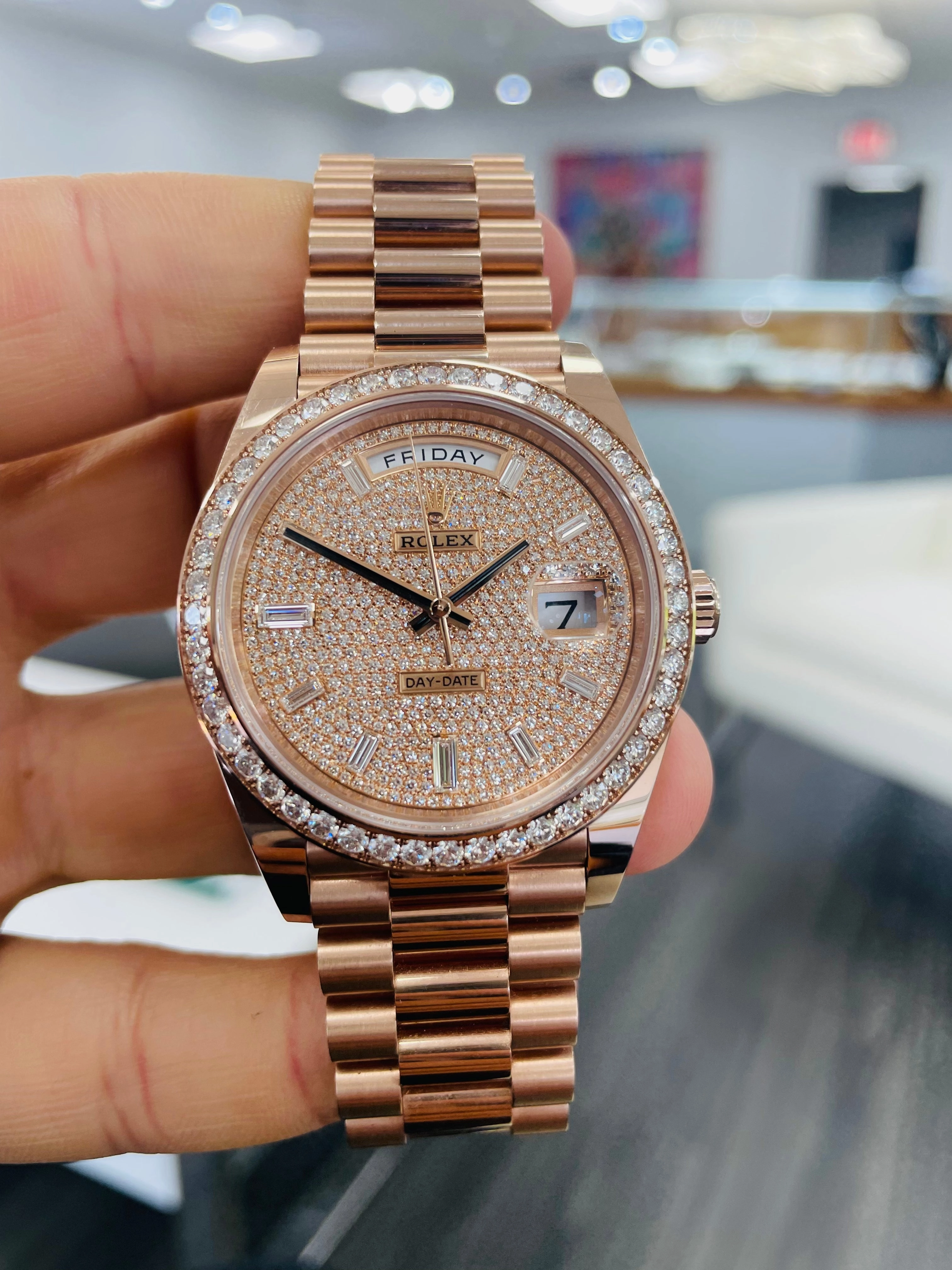 Rolex 228345RBR Day-Date 40 Factory Pave Diamond Dial Factory Diamond Bezel President Bracelet Rose Gold