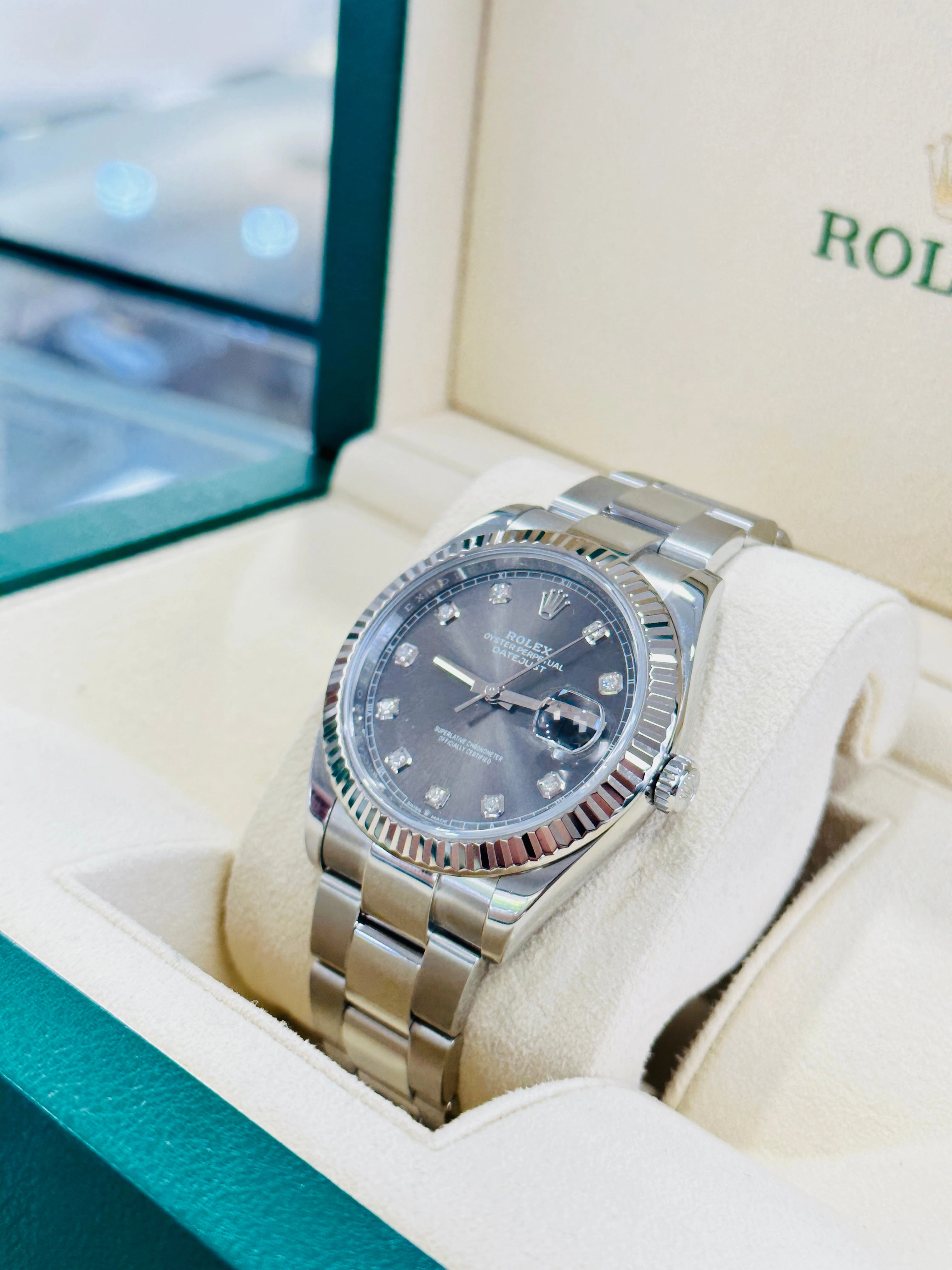 Rolex 41 Datejust 126334 Fluted Bezel Factory Rhodium Diamond Dial Oyster Bracelet Stainless Steel B/P