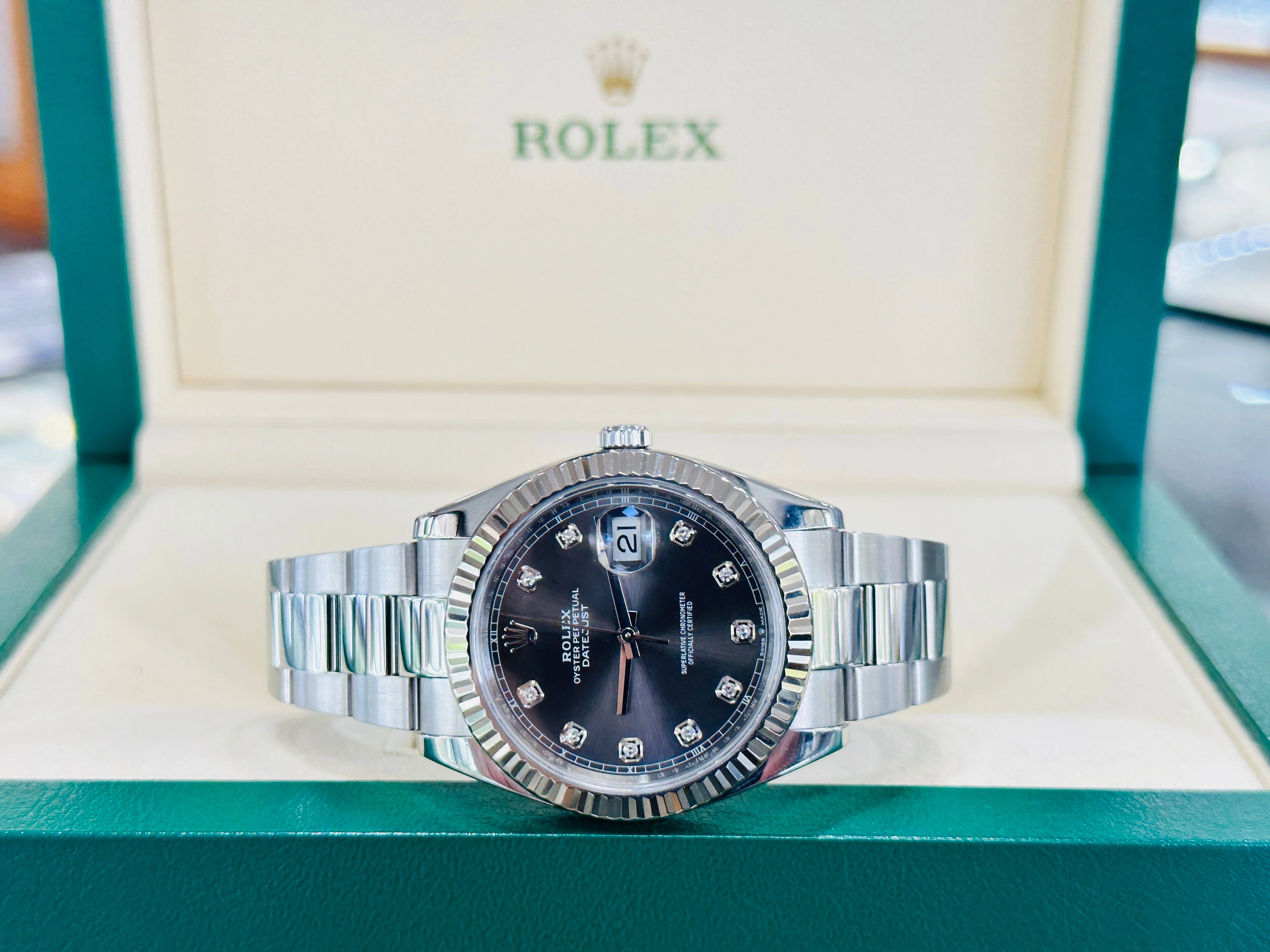 Rolex 41 Datejust 126334 Fluted Bezel Factory Rhodium Diamond Dial Oyster Bracelet Stainless Steel B/P