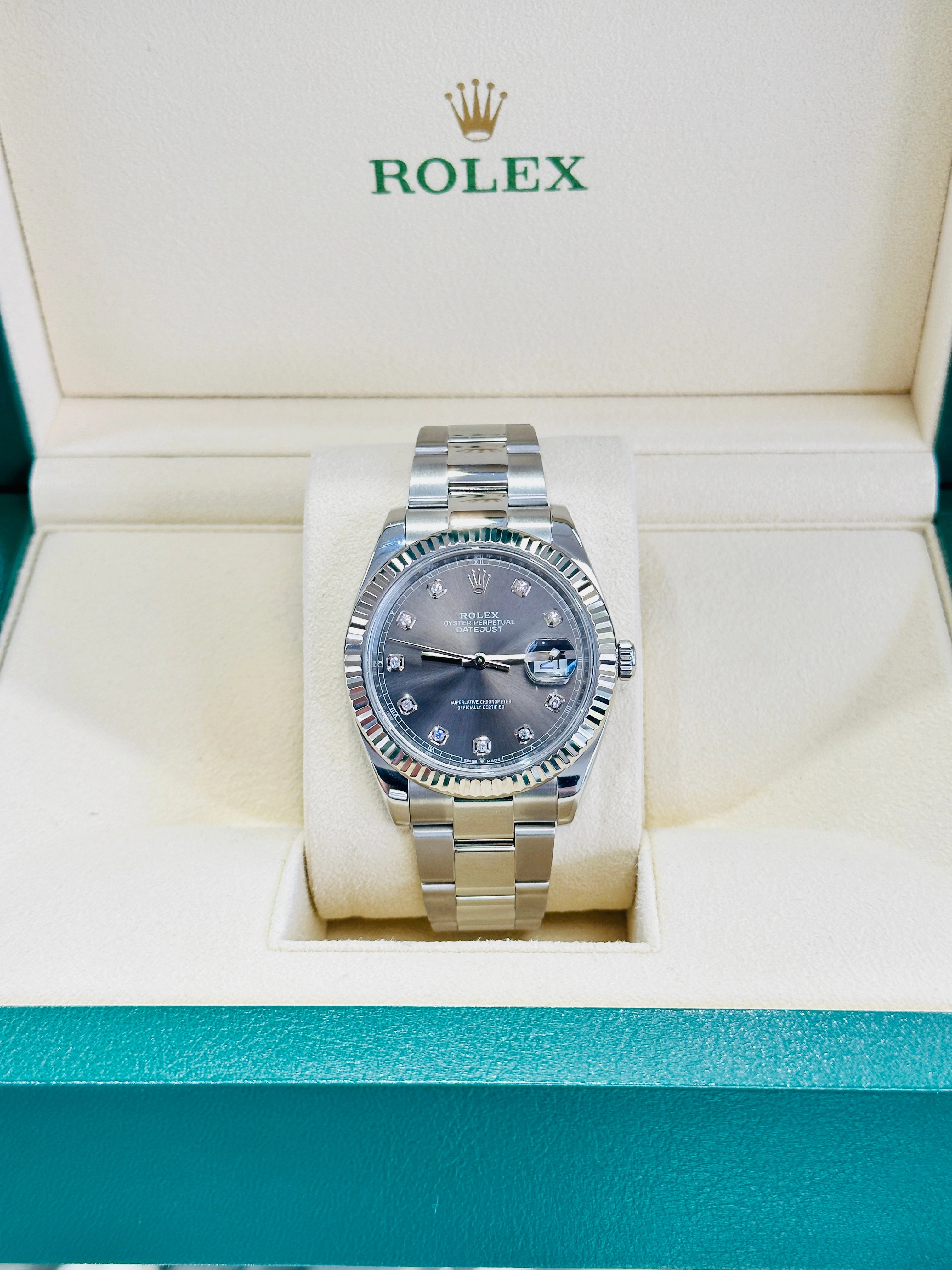 Rolex 41 Datejust 126334 Fluted Bezel Factory Rhodium Diamond Dial Oyster Bracelet Stainless Steel B/P