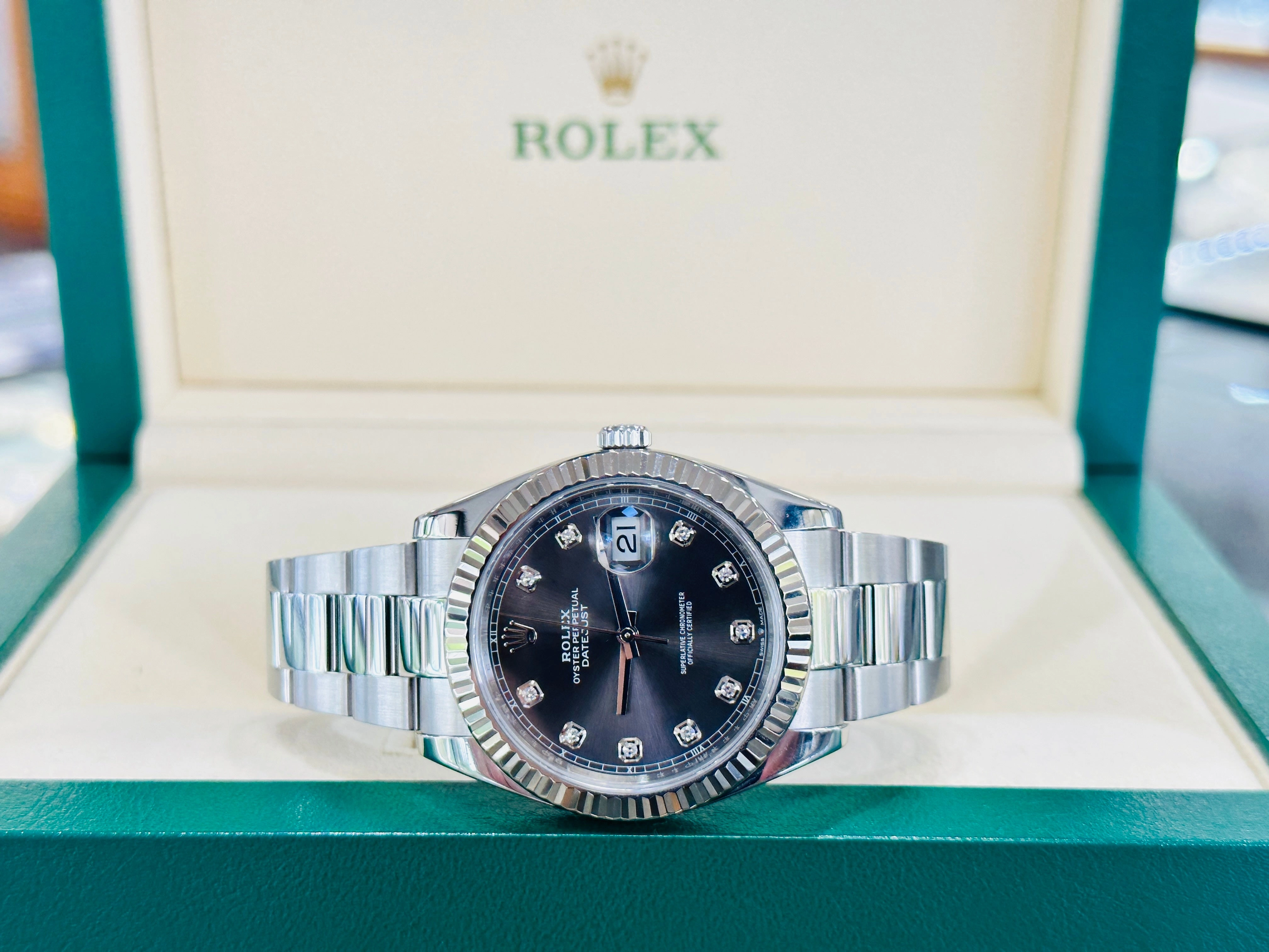 Rolex 41 Datejust 126334 Fluted Bezel Factory Rhodium Diamond Dial Oyster Bracelet Stainless Steel B/P