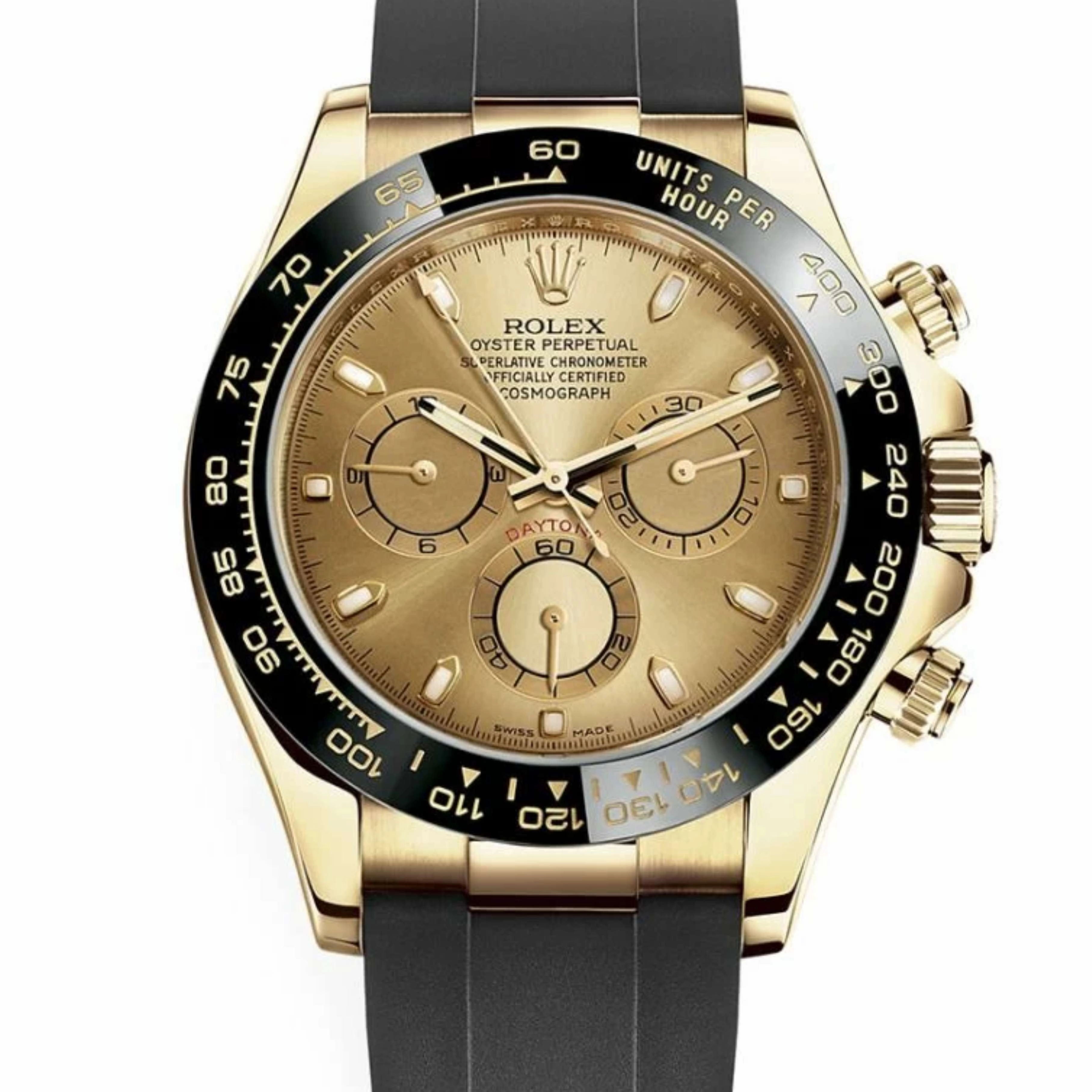 Rolex Cosmograph Daytona 40mm - Ref: 116518ln-0042 - Champagne Index Dial & Ceramic Bezel, 18K Yellow Gold Case Black Oysterflex Bracelet Men's Watch