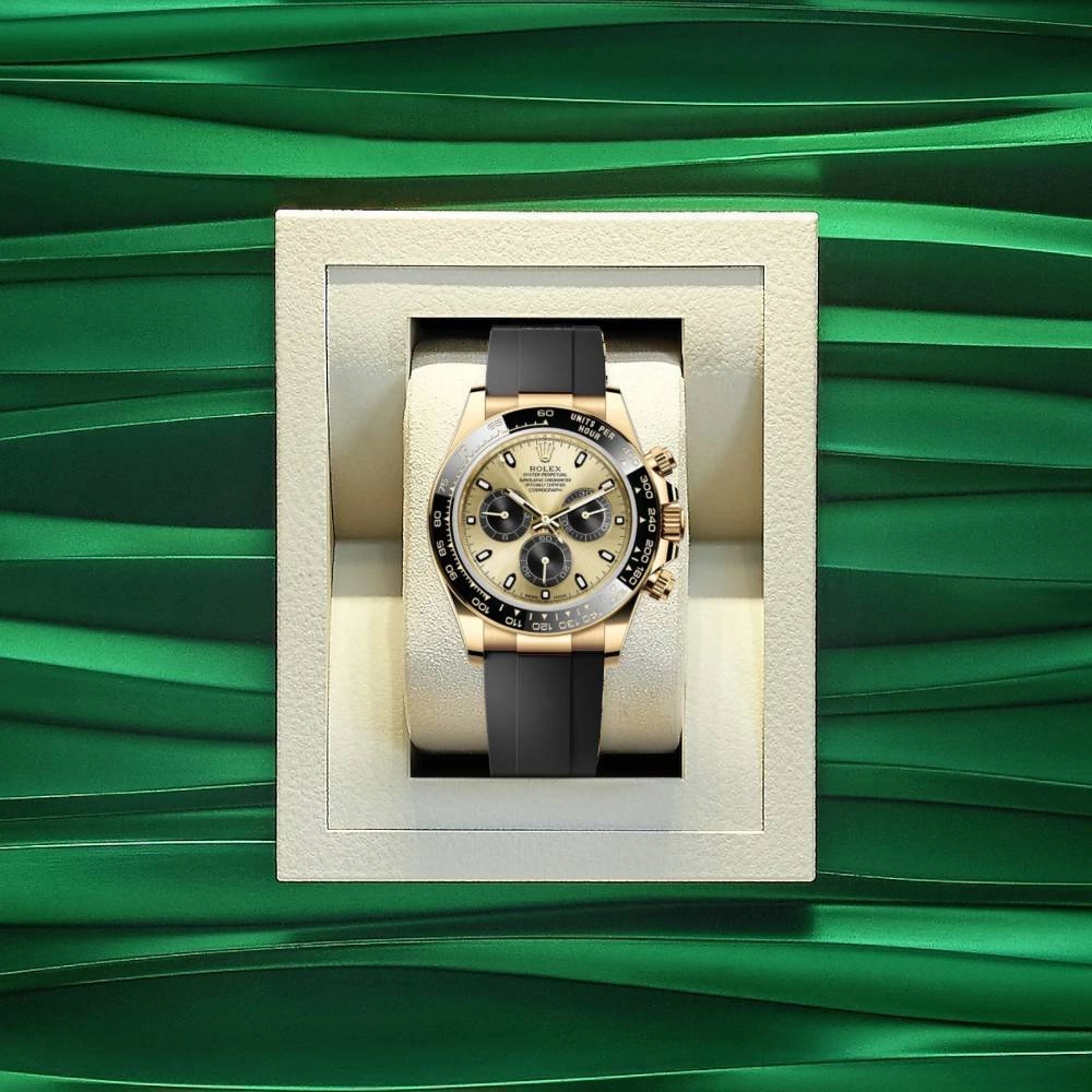 Rolex Cosmograph Daytona 40mm - Ref: 116518ln-0048 - Champagne & Black Index Dial & Ceramic Bezel, 18K Yellow Gold Case Black Oysterflex Bracelet Men's Watch