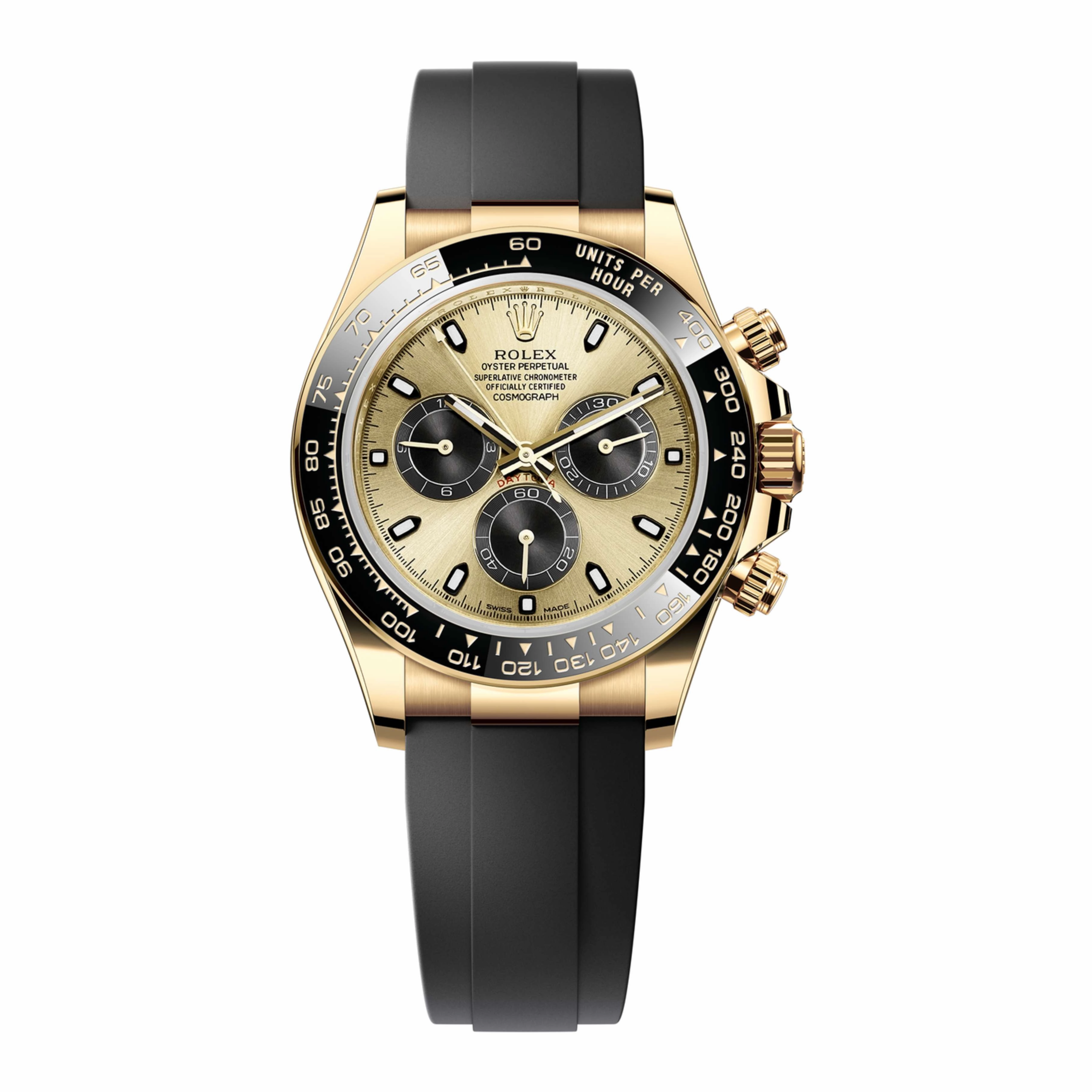 Rolex Cosmograph Daytona 40mm - Ref: 116518ln-0048 - Champagne & Black Index Dial & Ceramic Bezel, 18K Yellow Gold Case Black Oysterflex Bracelet Men's Watch