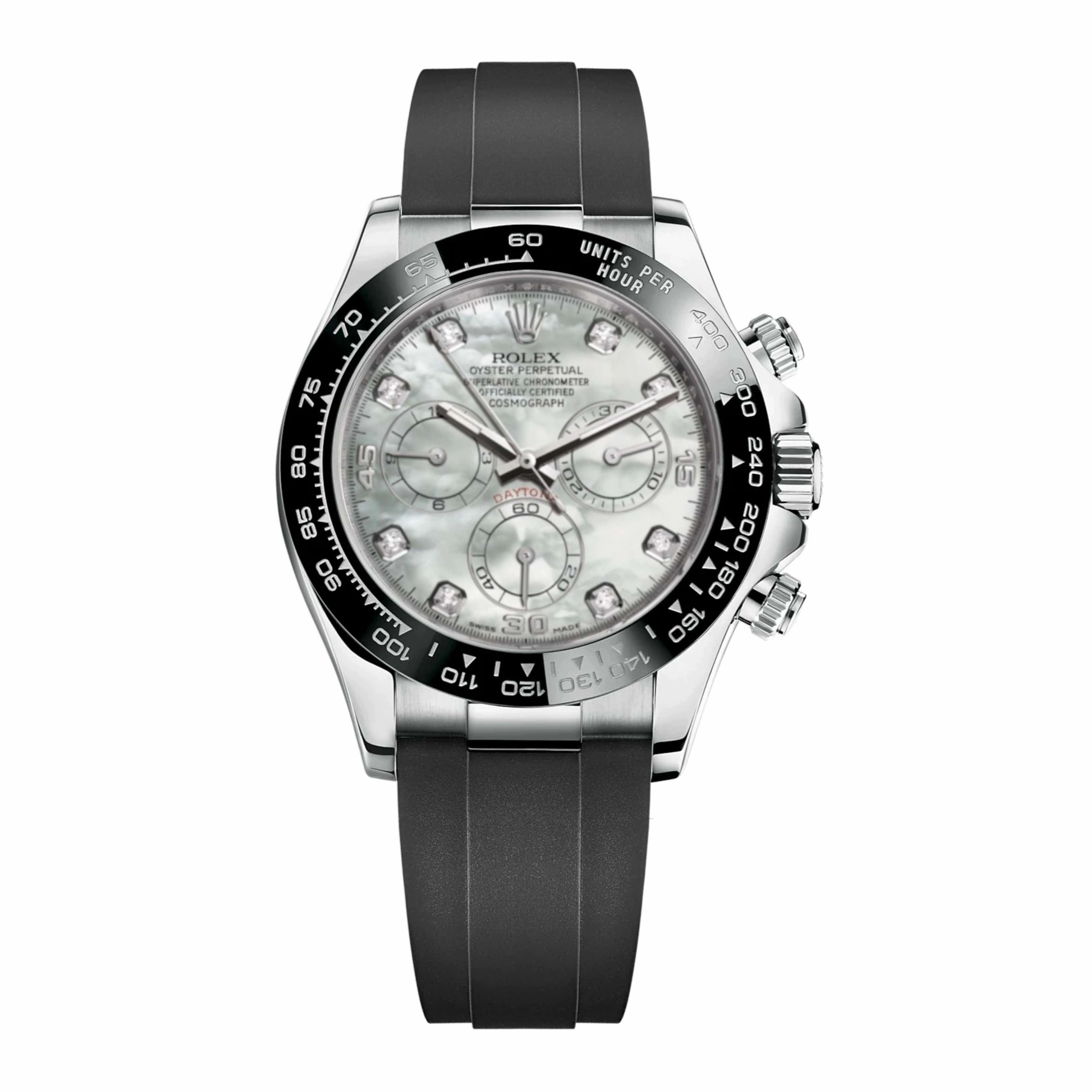 Rolex Cosmograph Daytona 40mm - Ref: 116519LN mdof - White mother of Pearl Diamond Dial & Ceramic Bezel, 18K White Gold Case Black Oysterflex Bracelet Men's Watch