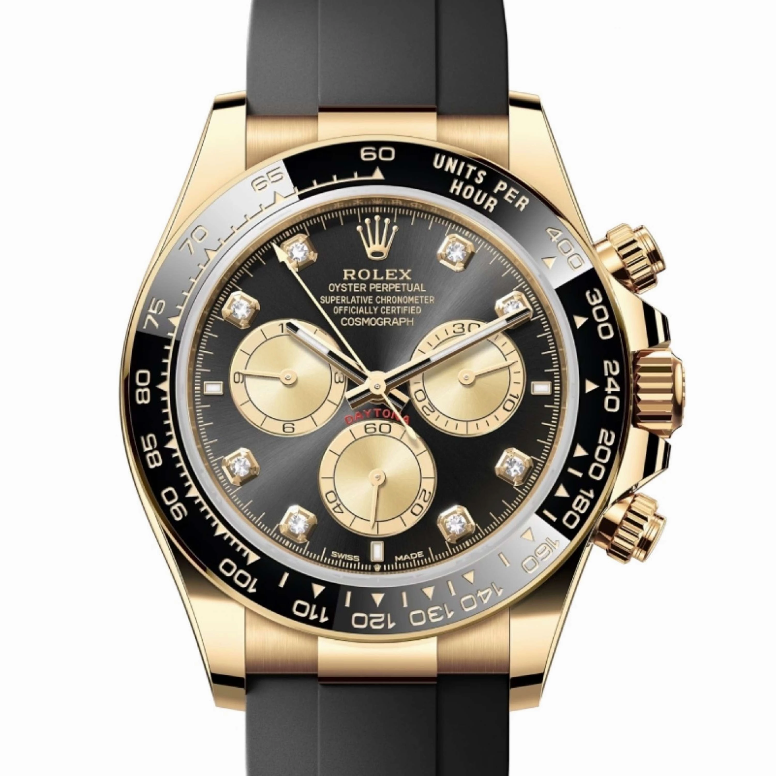 Rolex Cosmograph Daytona 40mm - Ref: 126518LN - Bright Black & Champagne Diamond Dial & Ceramic Bezel, 18K Yellow Gold Case Black Oysterflex Bracelet Men's Watch