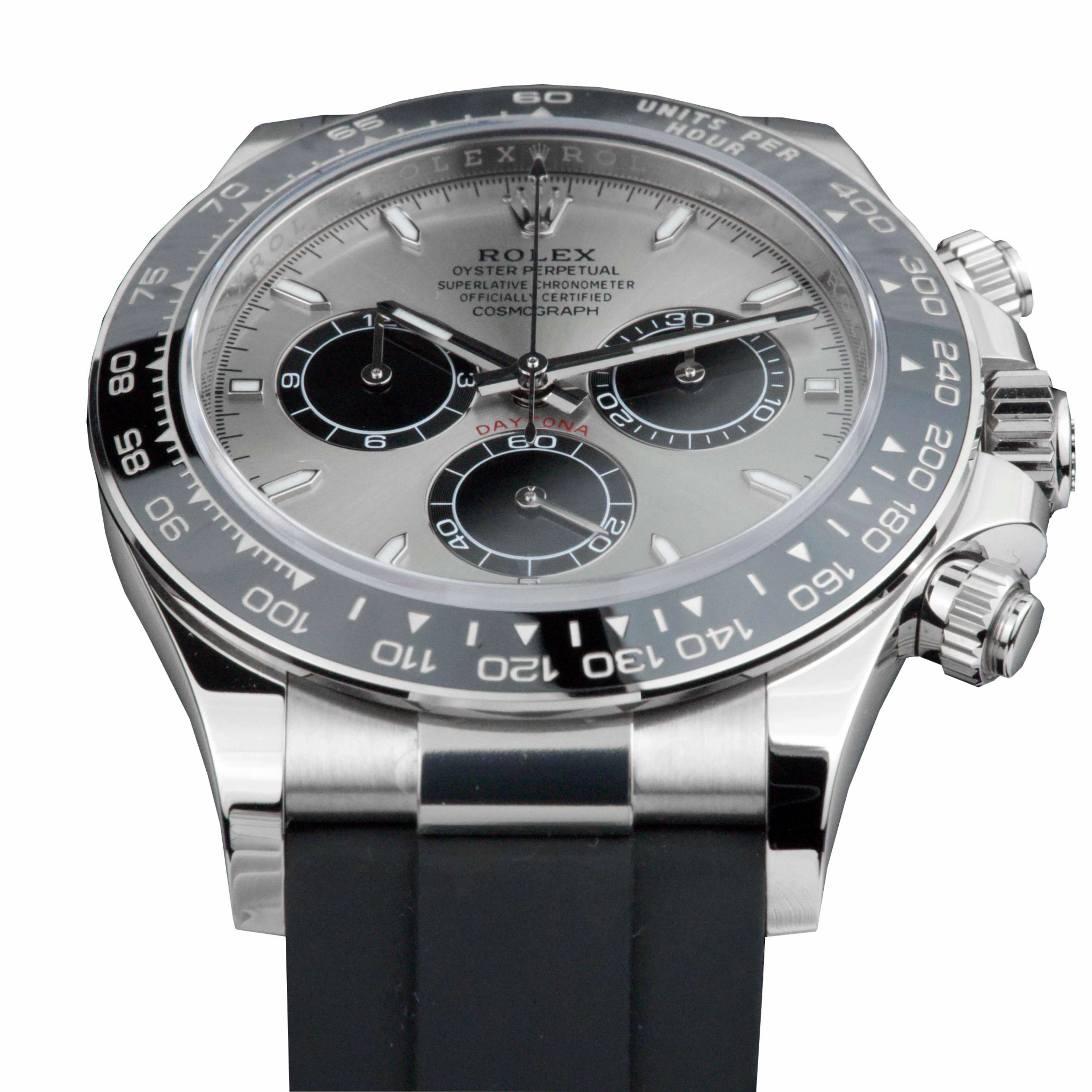Rolex Cosmograph Daytona 40mm - Ref: 126519LN - Steel & Bright Black Index Dial & Ceramic Bezel, 18K White Gold Case Black Oysterflex Bracelet Men's Watch