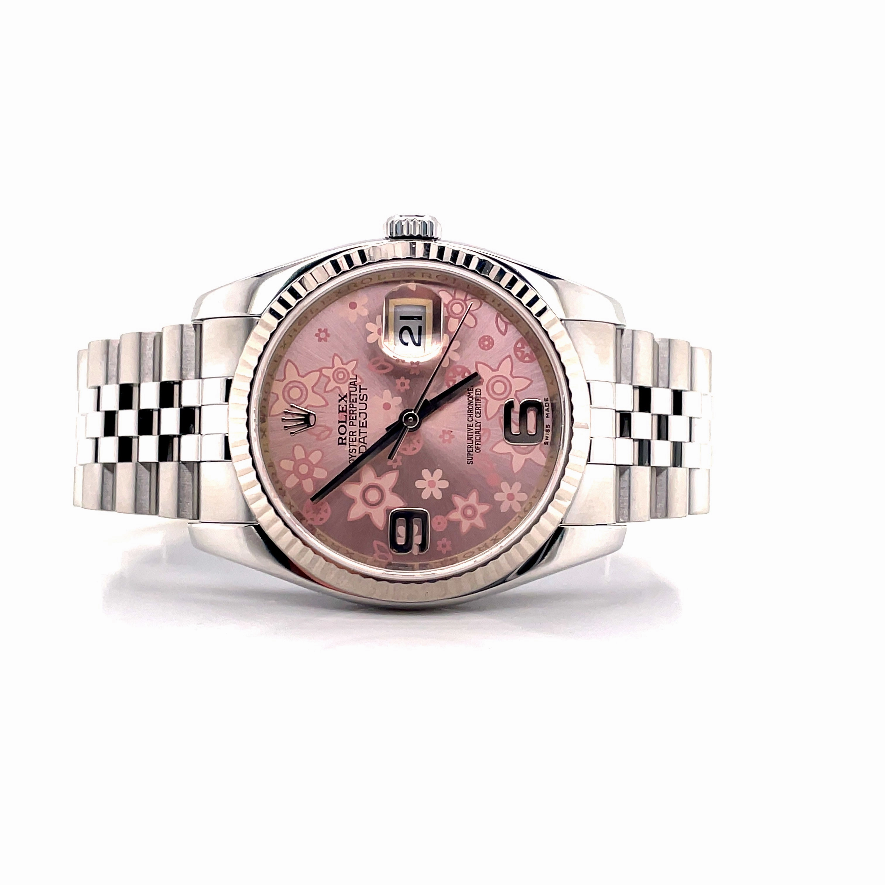 Rolex Date just  116234 Factory Pink Flower Jubilee Fluted Box and Papers PreOwned