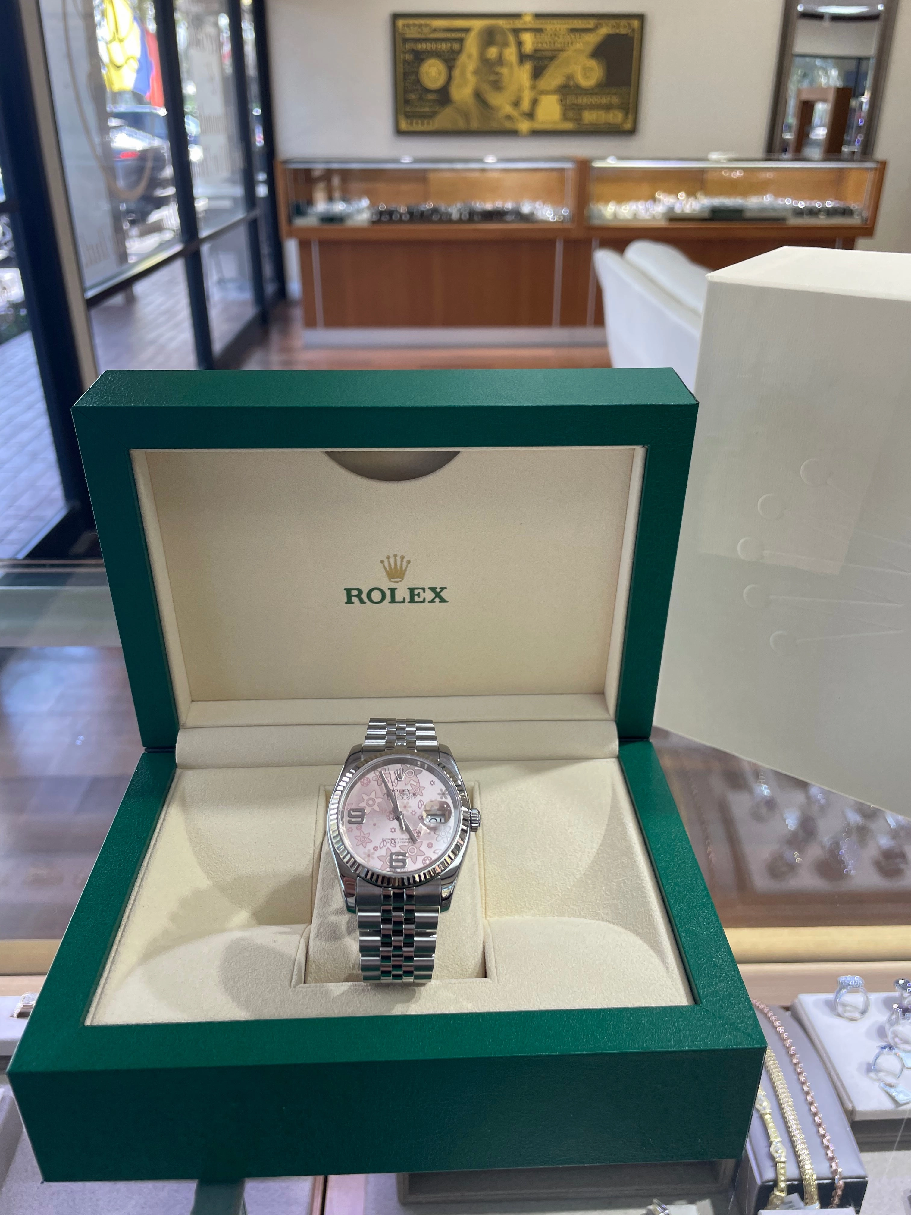Rolex Date just  116234 Factory Pink Flower Jubilee Fluted Box and Papers PreOwned