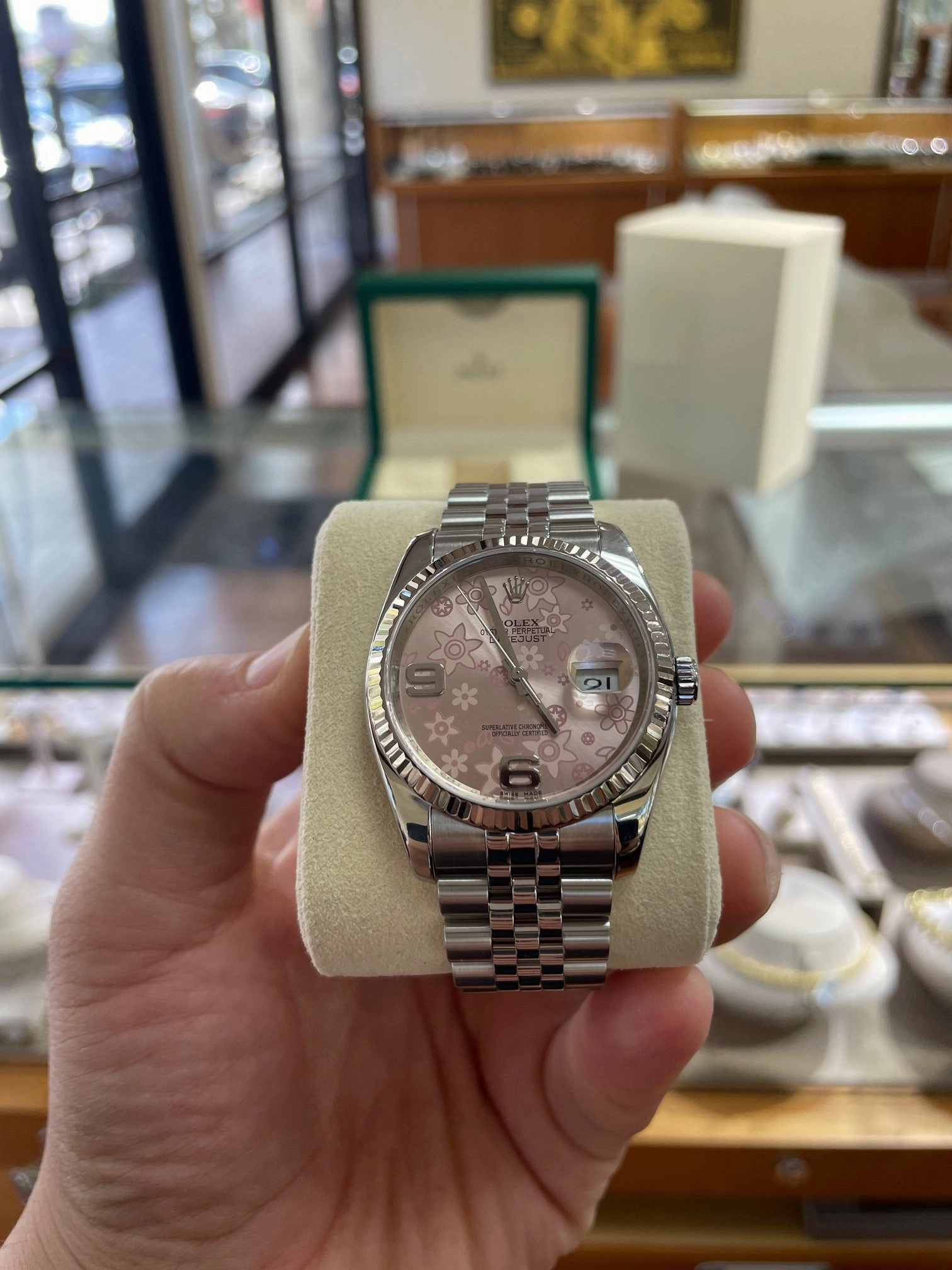 Rolex Date just  116234 Factory Pink Flower Jubilee Fluted Box and Papers PreOwned