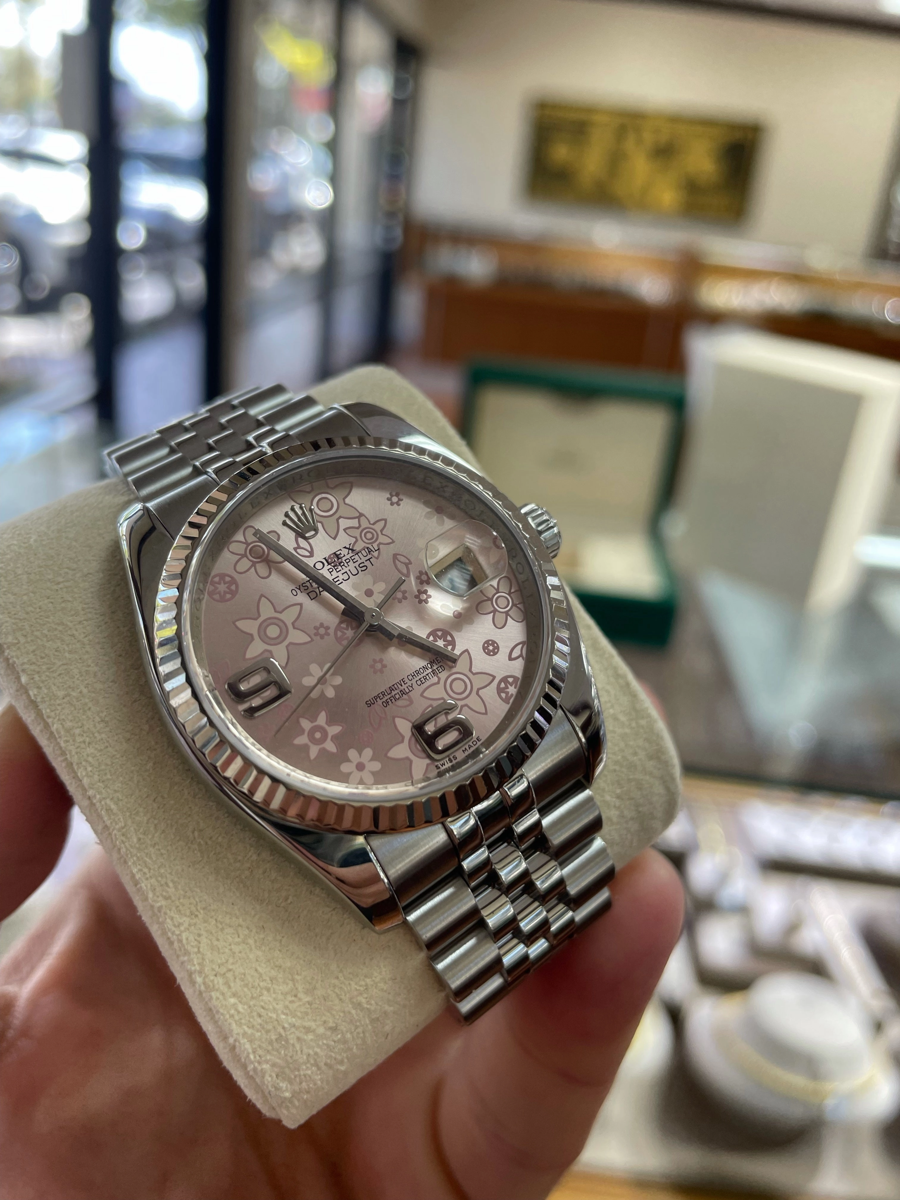 Rolex Date just  116234 Factory Pink Flower Jubilee Fluted Box and Papers PreOwned
