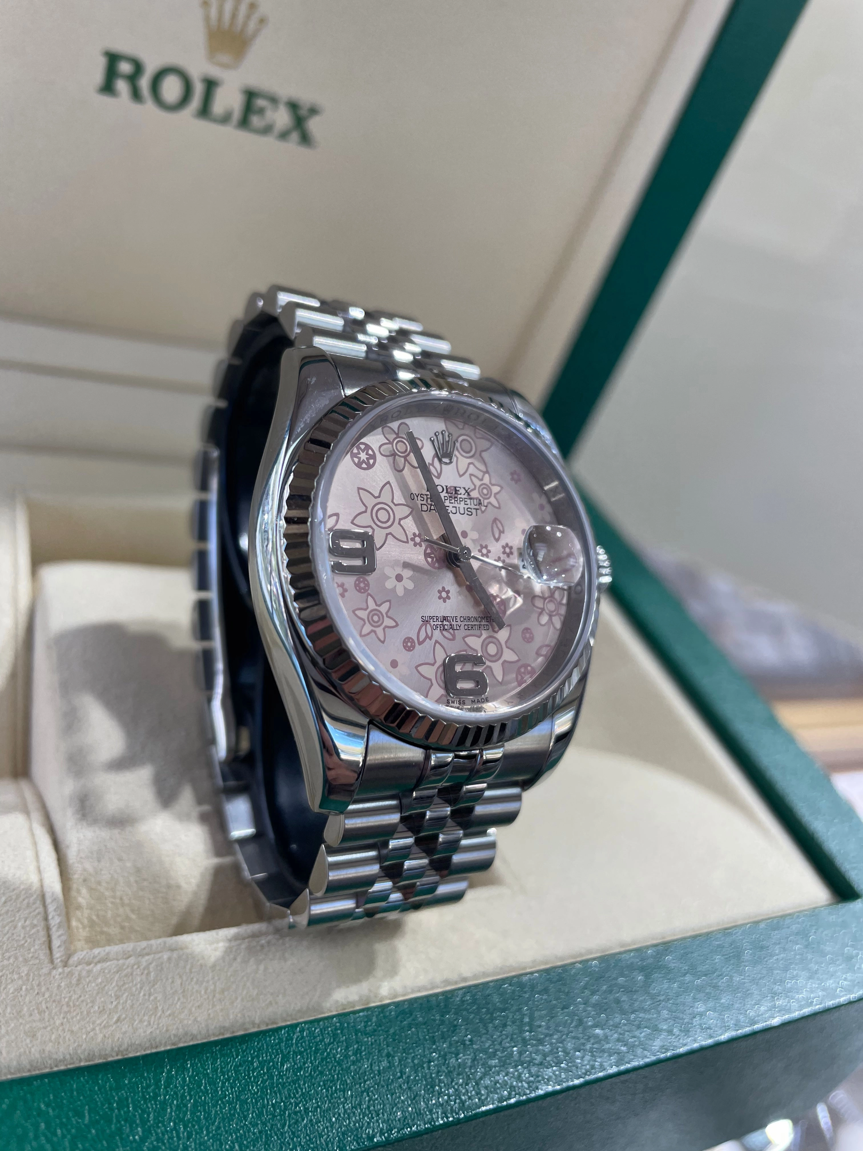Rolex Date just  116234 Factory Pink Flower Jubilee Fluted Box and Papers PreOwned