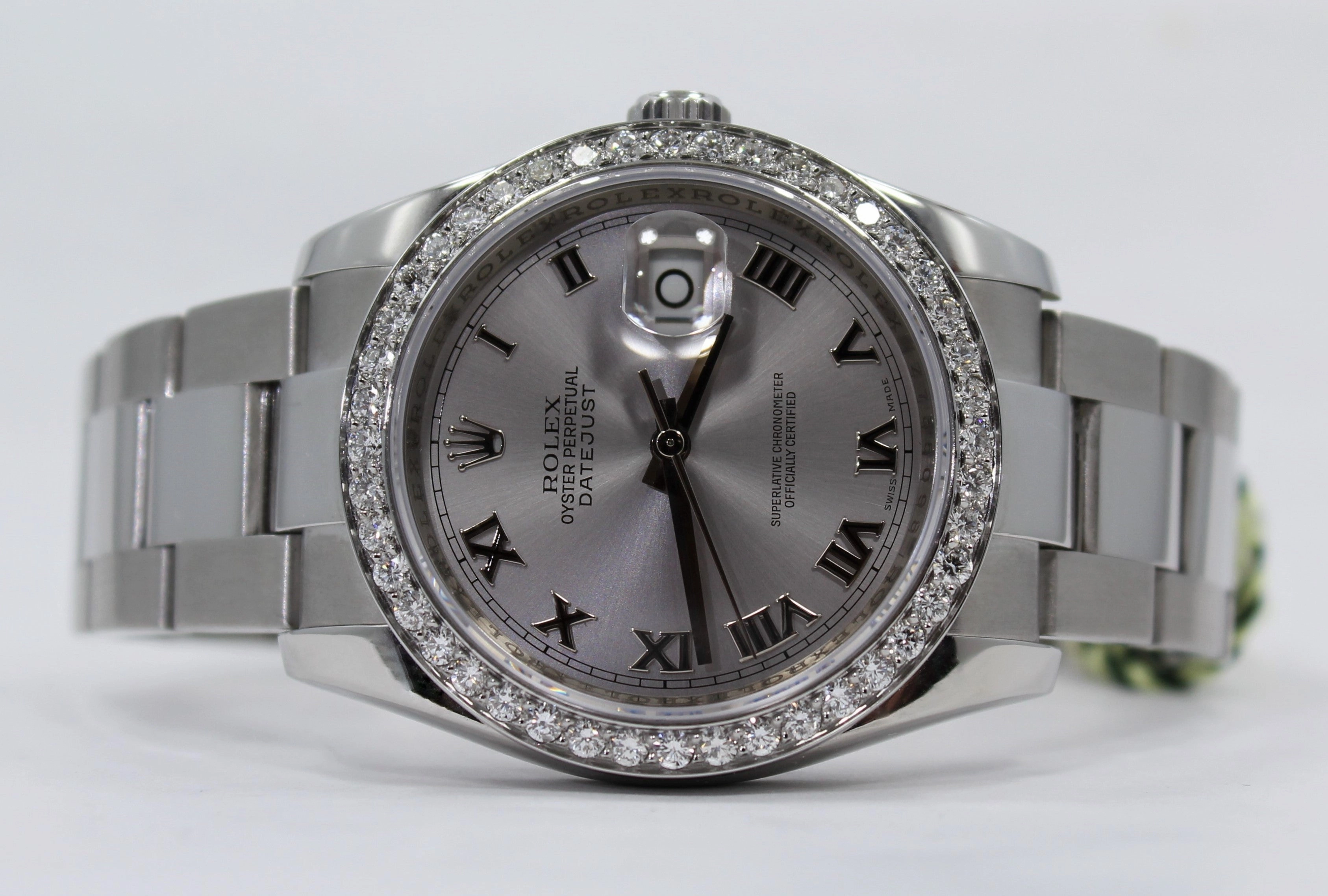 Rolex Datejust 116200 36mm Oyster Perpetual 1.95CT Diamond Bezel Silver Roman Dial