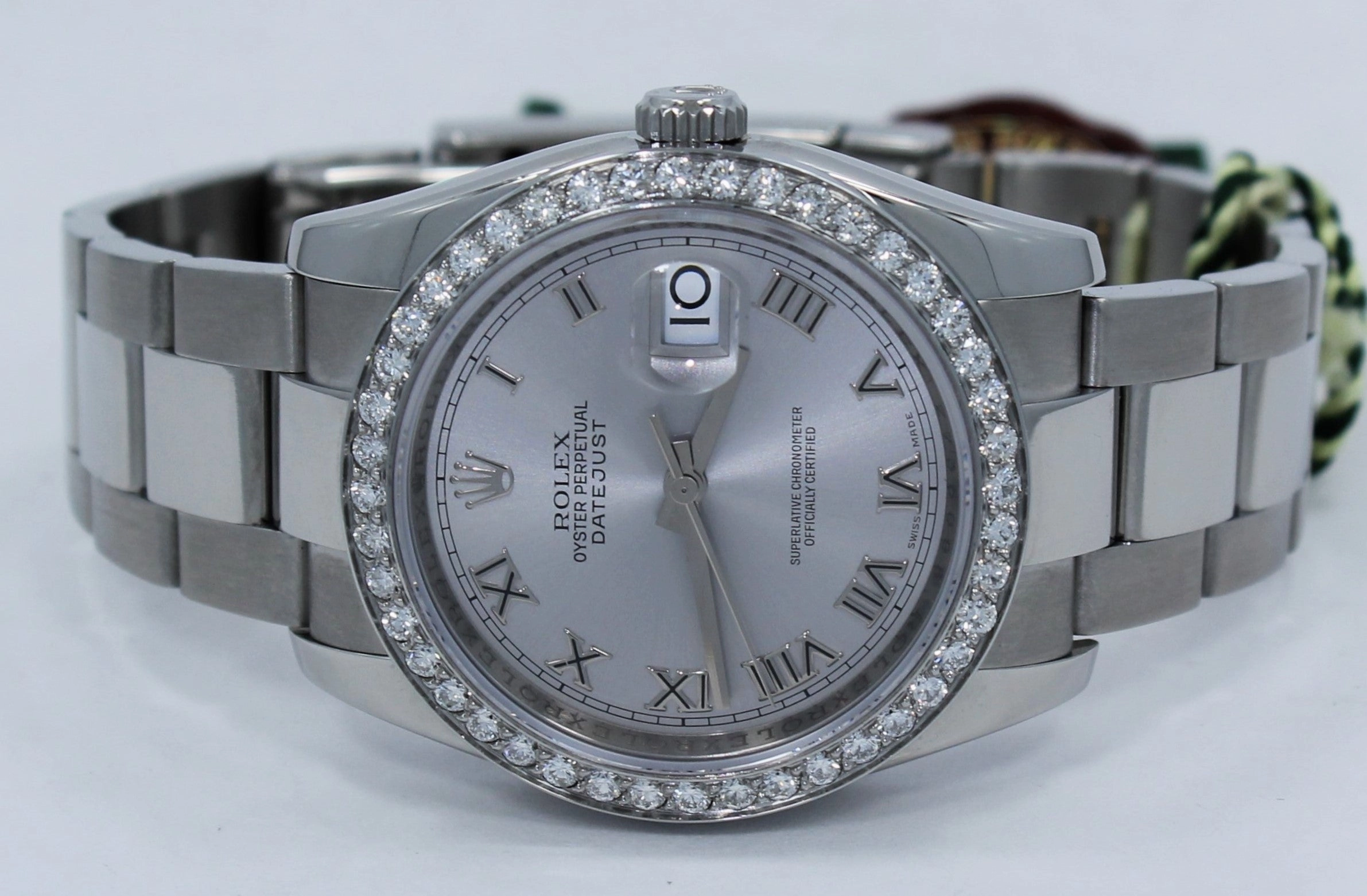 Rolex Datejust 116200 36mm Oyster Perpetual 1.95CT Diamond Bezel Silver Roman Dial