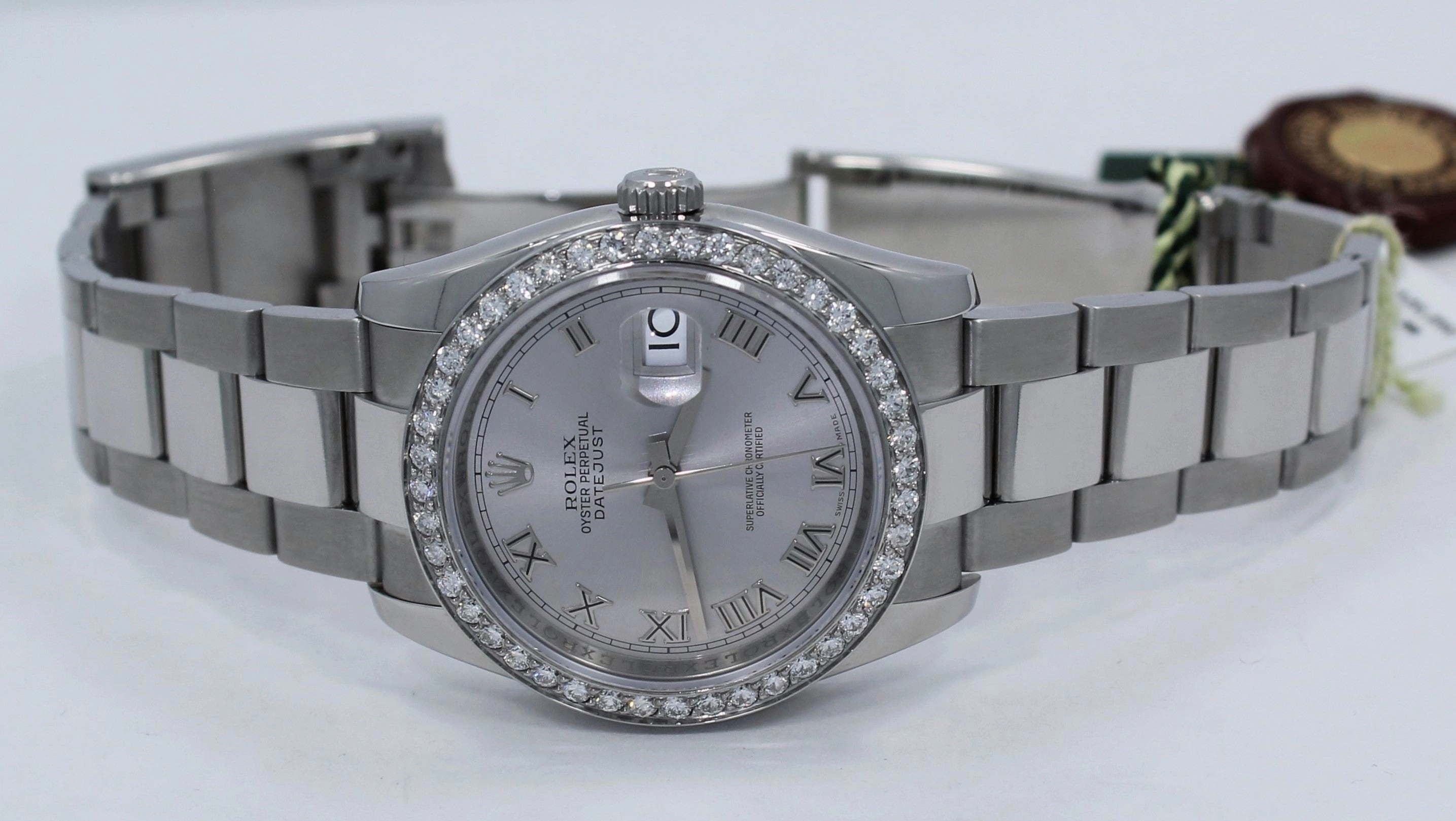 Rolex Datejust 116200 36mm Oyster Perpetual 1.95CT Diamond Bezel Silver Roman Dial