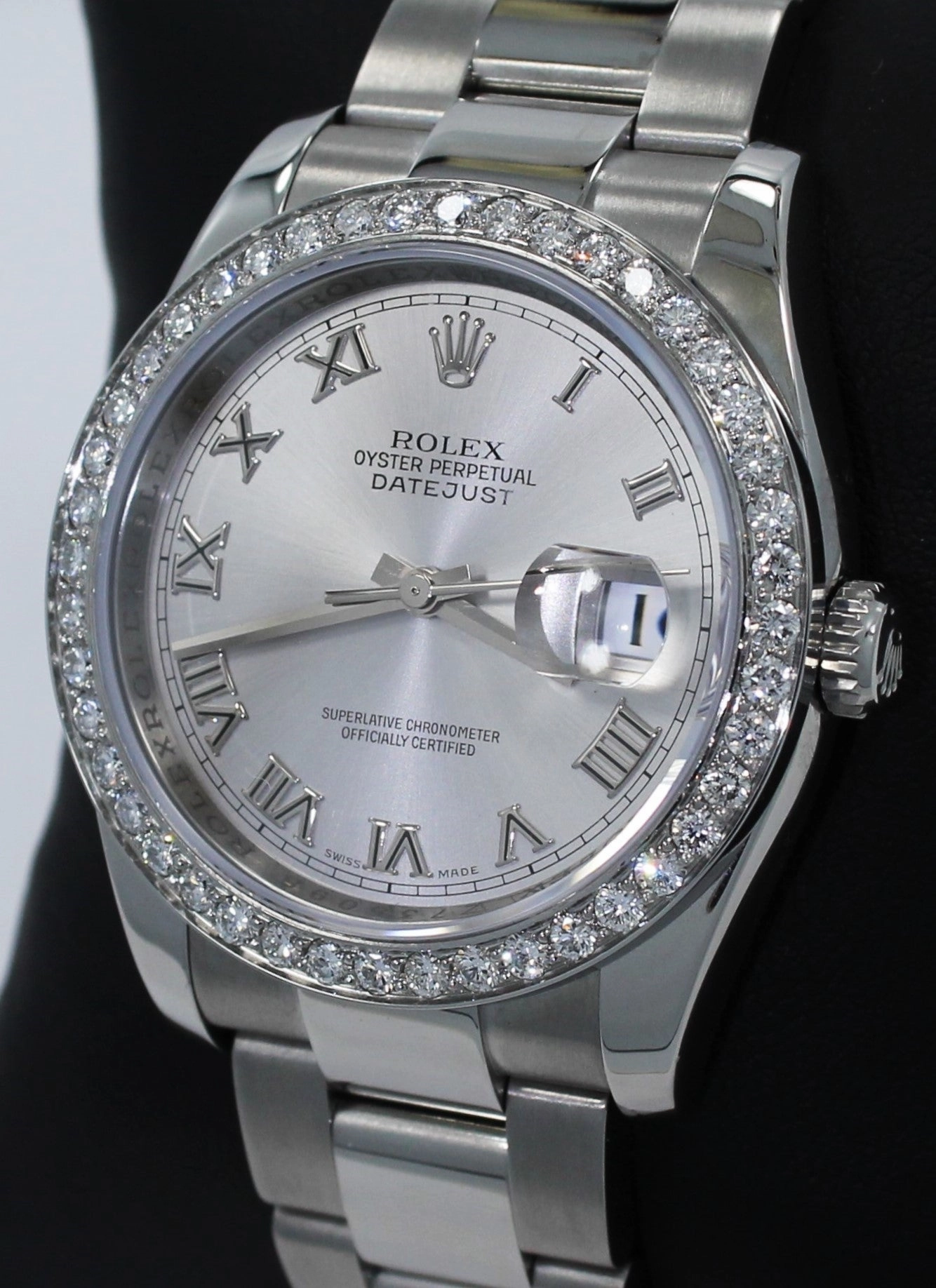 Rolex Datejust 116200 36mm Oyster Perpetual 1.95CT Diamond Bezel Silver Roman Dial