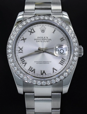 Rolex Datejust 116200 36mm Oyster Perpetual 1.95CT Diamond Bezel Silver Roman Dial